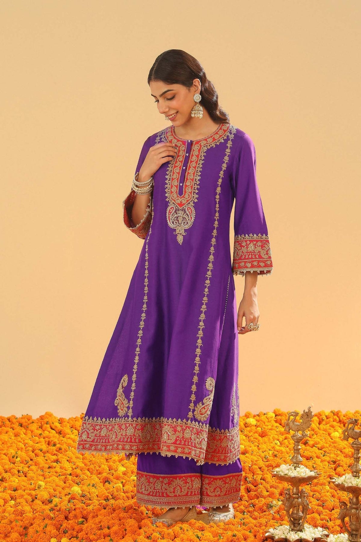 Maisha - Deep Purple Long A-line Kurta with Palazzo (Lxrts)