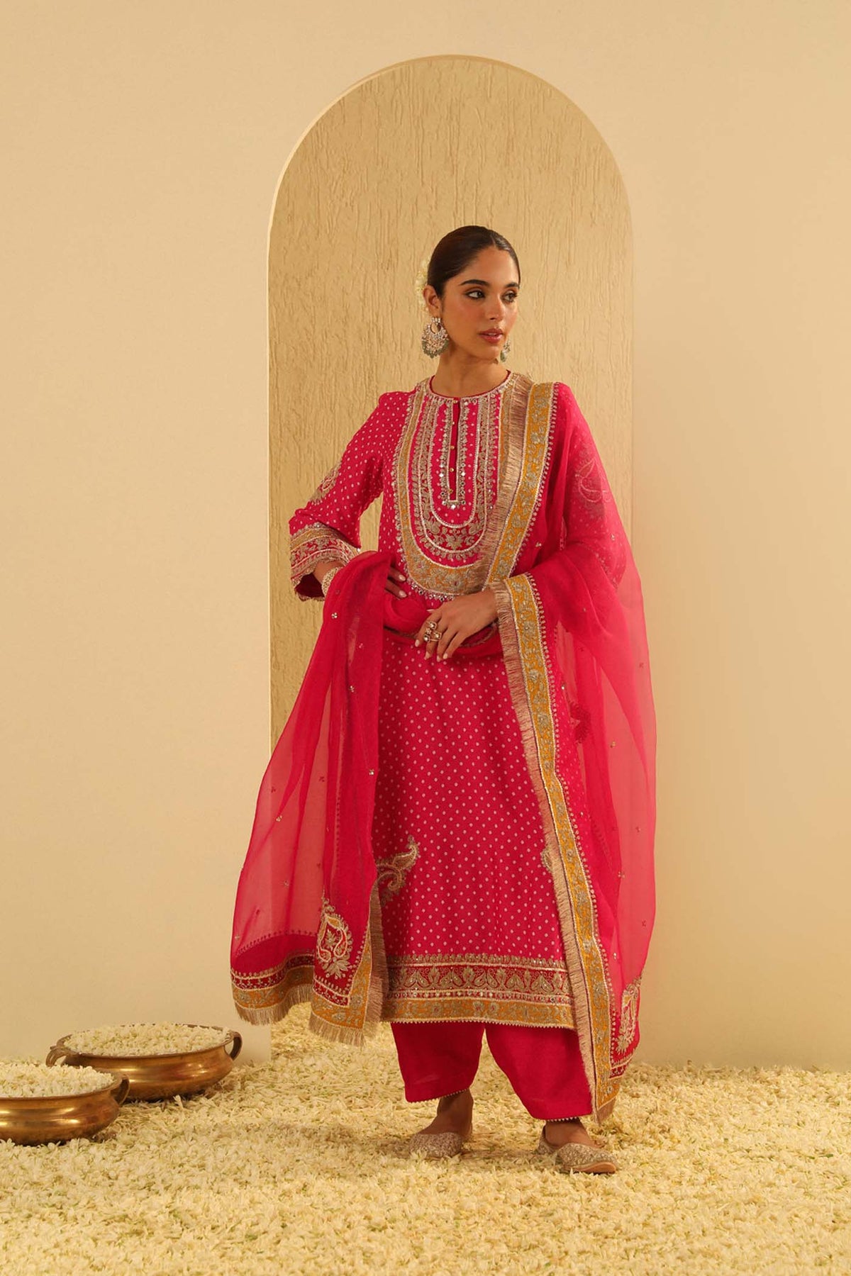 Veda - Rani Hotpink A-line Kurta with Salwar and Dupatta