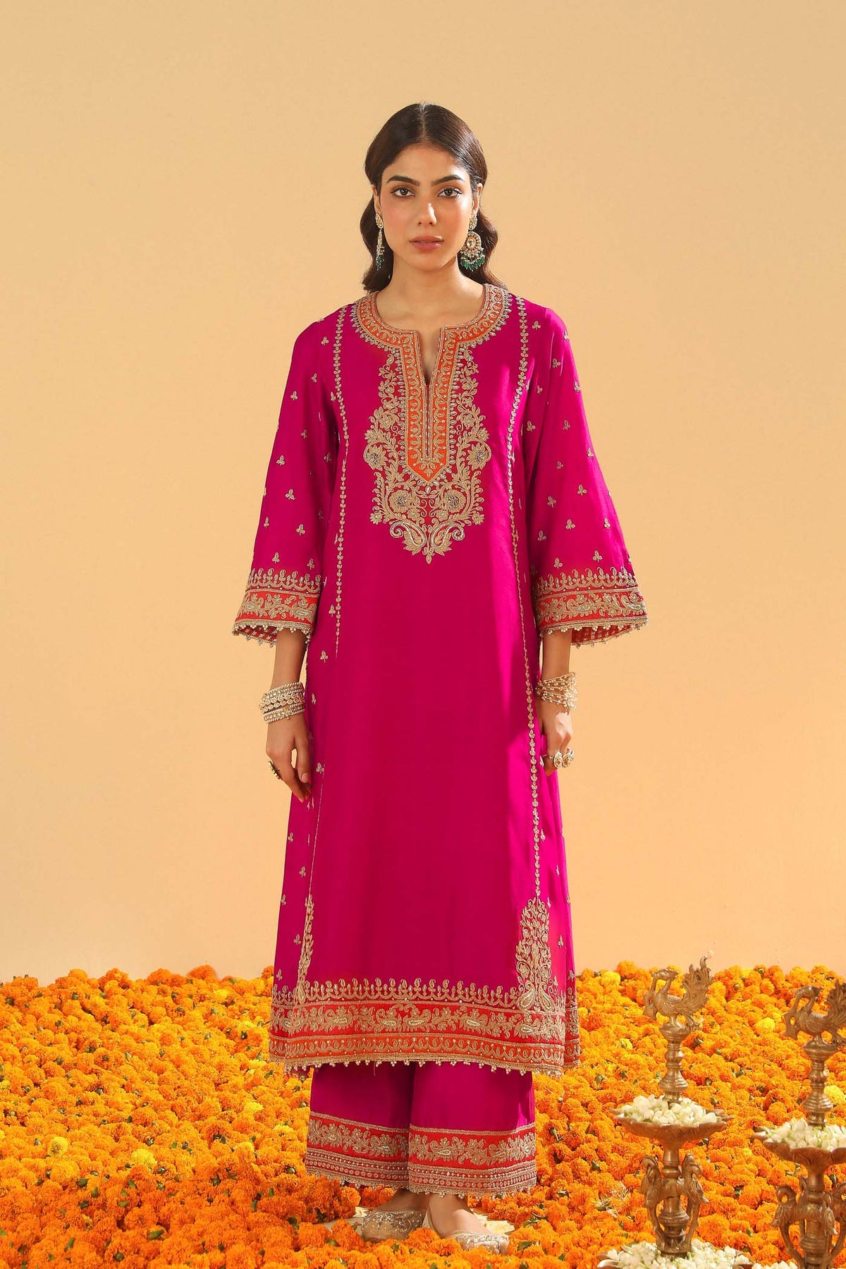 Shweta Sachdev In Aamish - Rani Hotpink Long A-line Kurta with Palazzo