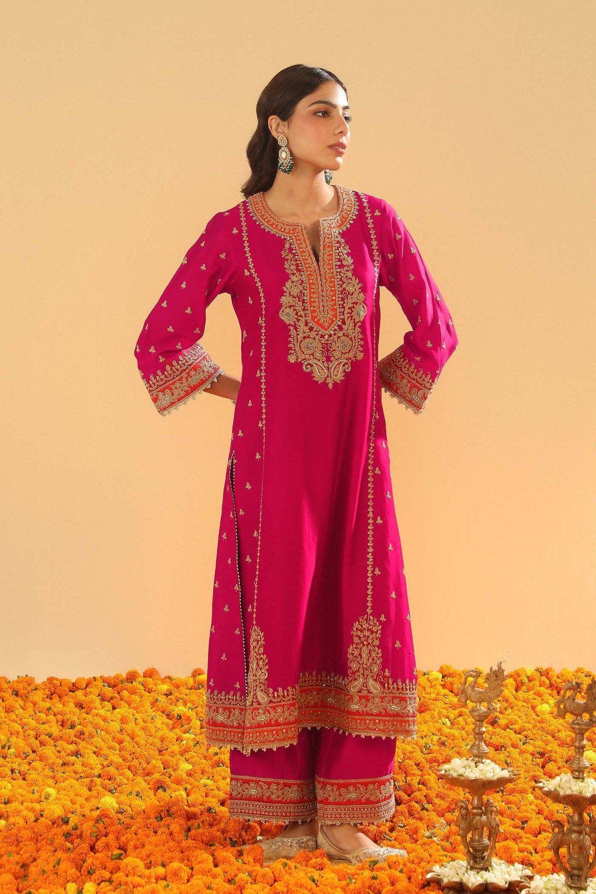 Aamish - Rani Hotpink Long A-line Kurta with Palazzo