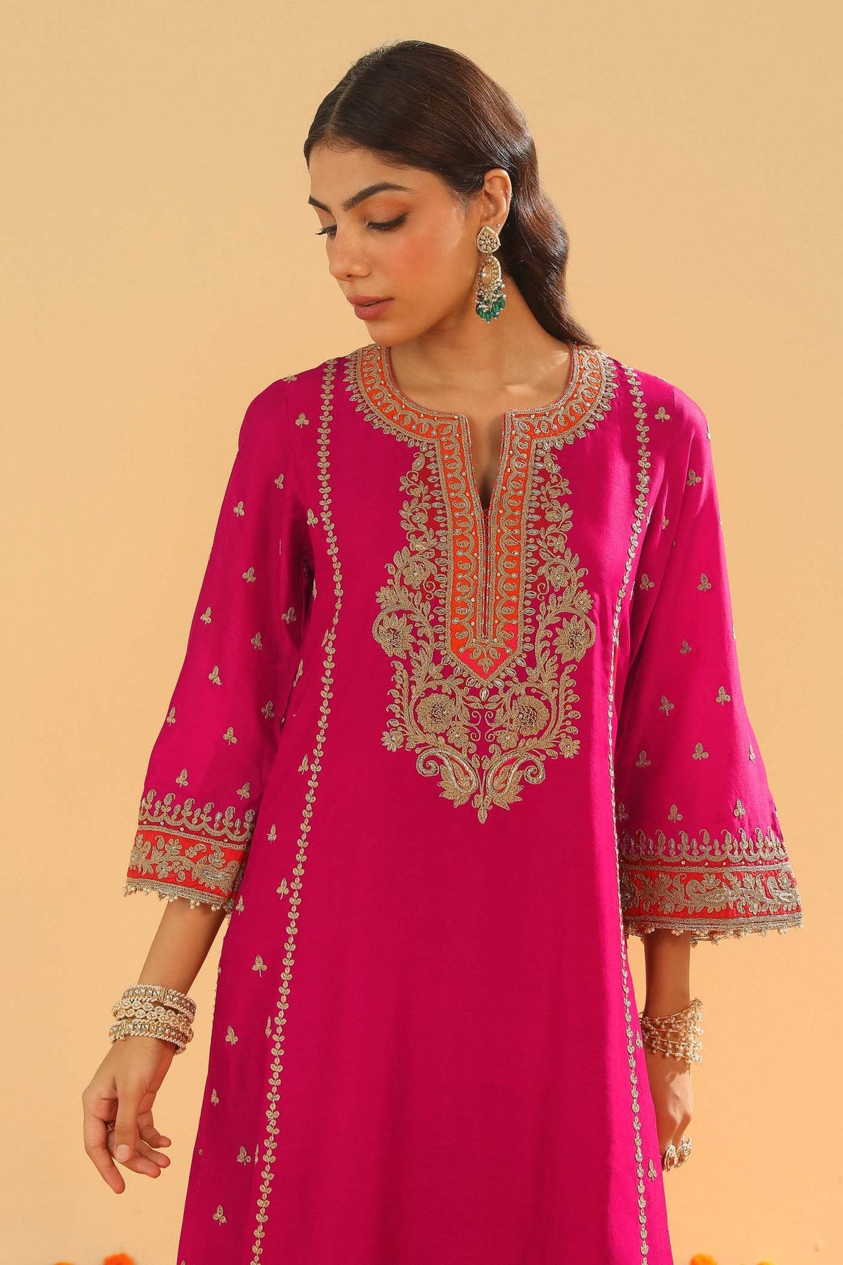 Aamish - Rani Hotpink Long A-line Kurta with Palazzo