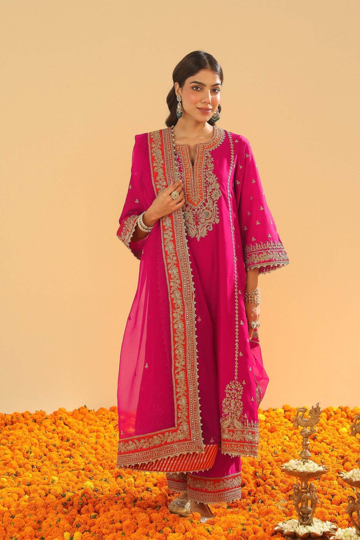 Shweta Sachdev In Aamish - Rani Hotpink Long A-line Kurta with Palazzo