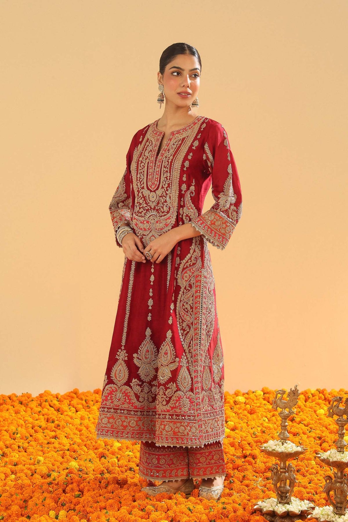 Maneet Bedi In Rua - Deep Red Long A-line Kurta with Palazzo