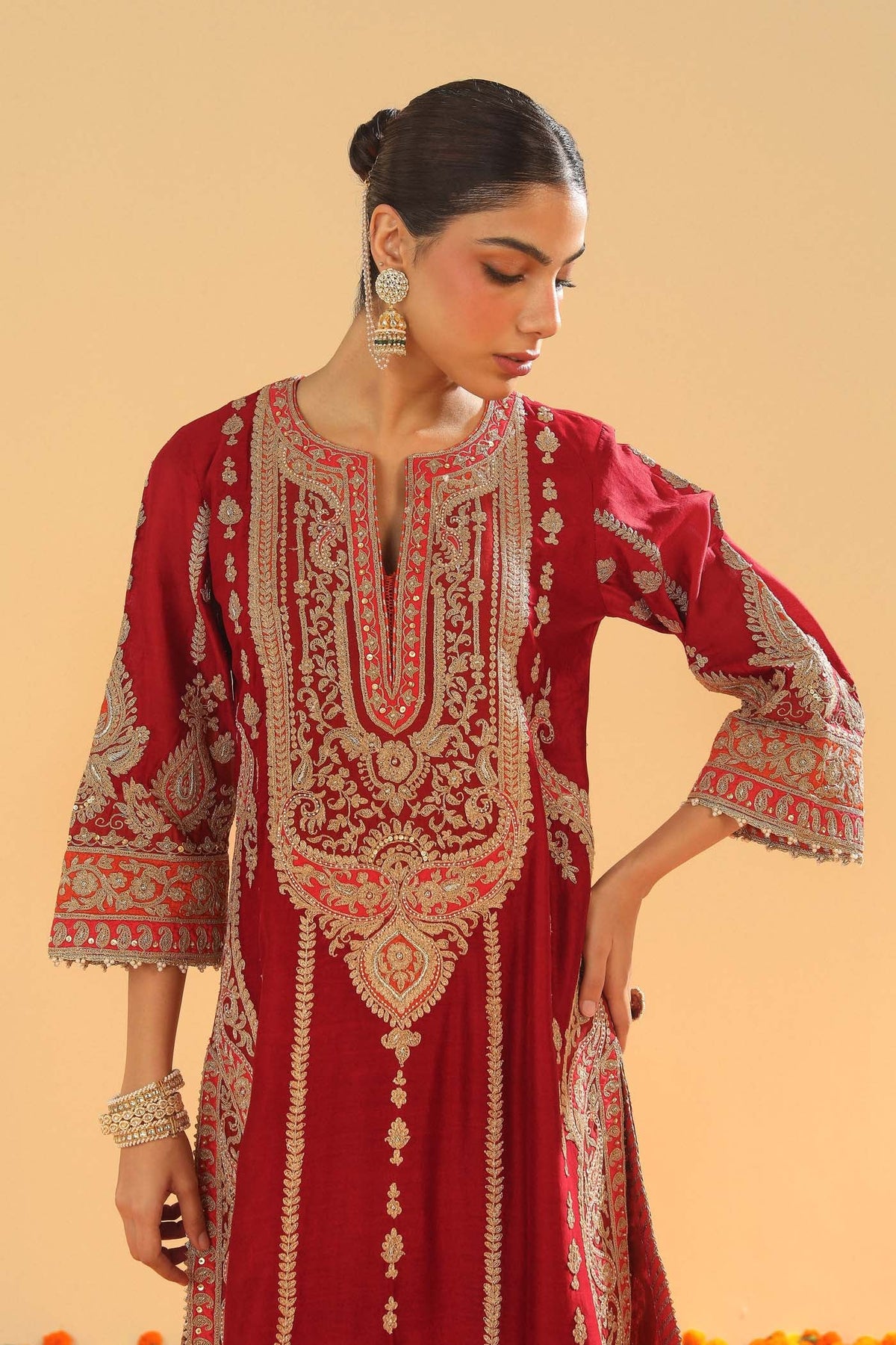 Maneet Bedi In Rua - Deep Red Long A-line Kurta with Palazzo