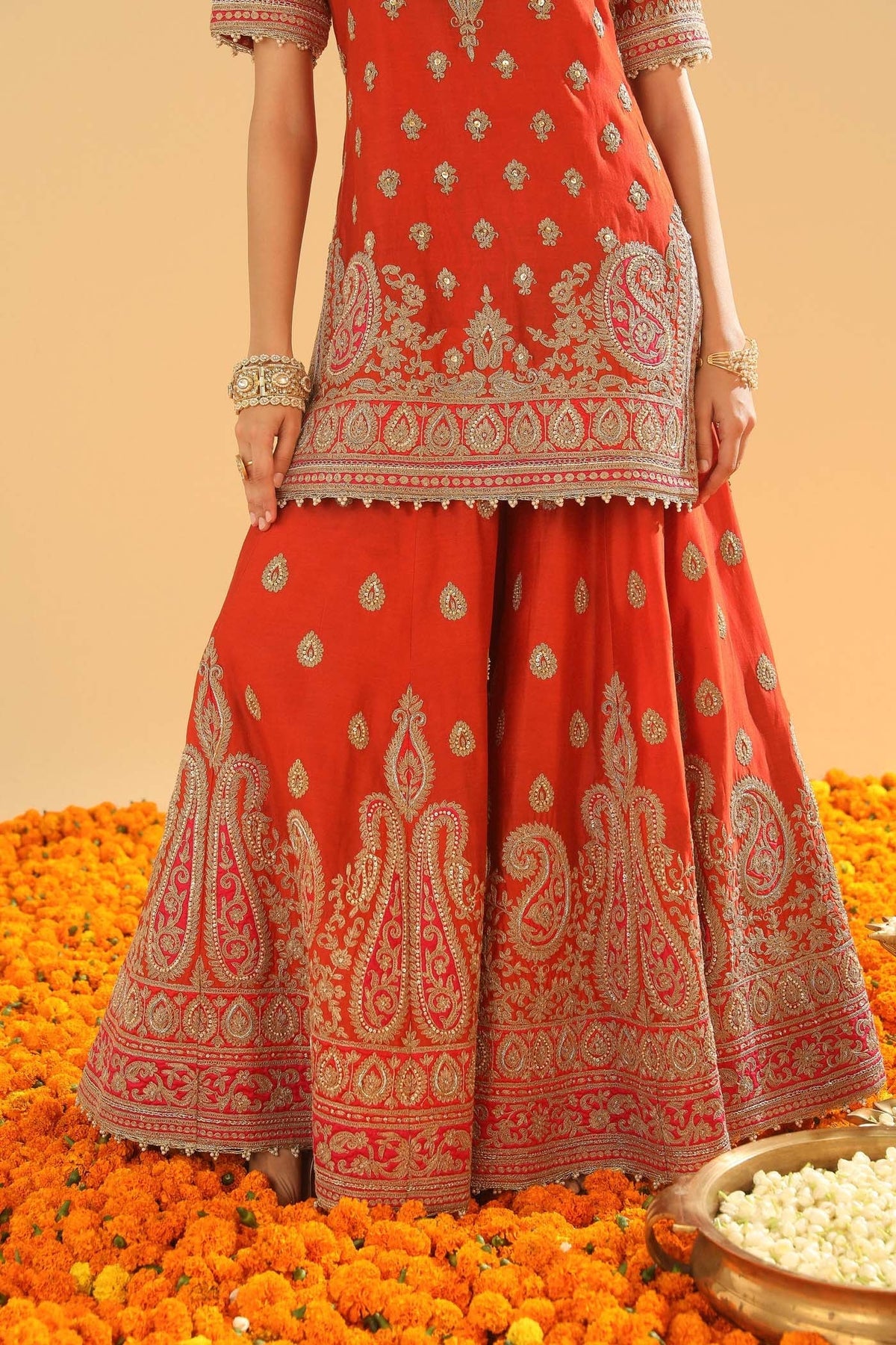 Shazfa - Burnt Orange Short Kurta with Sharara (Lxrts)