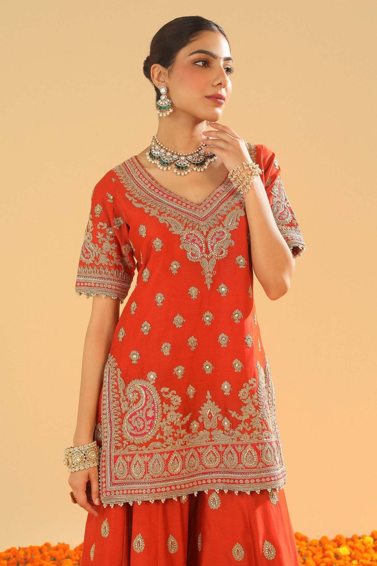Shazfa - Burnt Orange Short Kurta with Sharara (Lxrts)