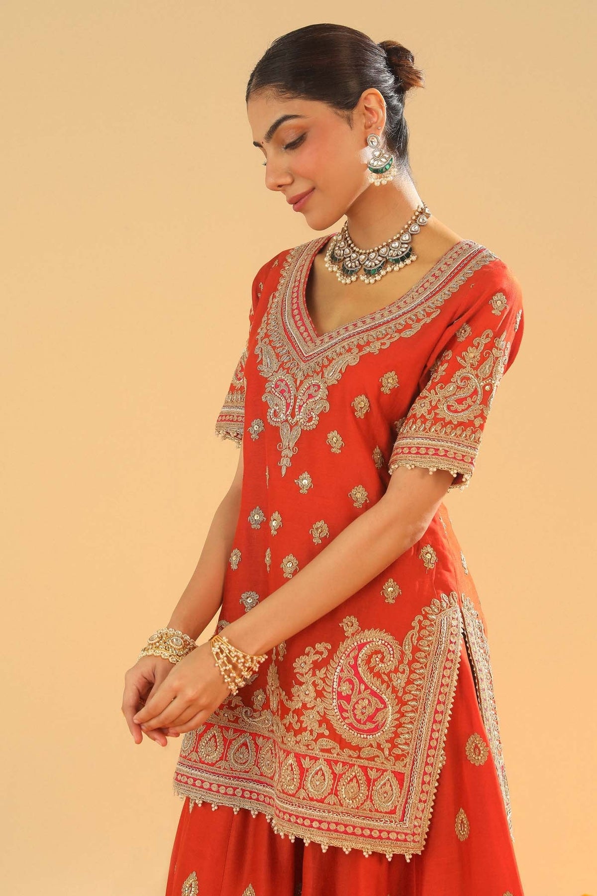 Shazfa - Burnt Orange Short Kurta with Sharara (Lxrts)