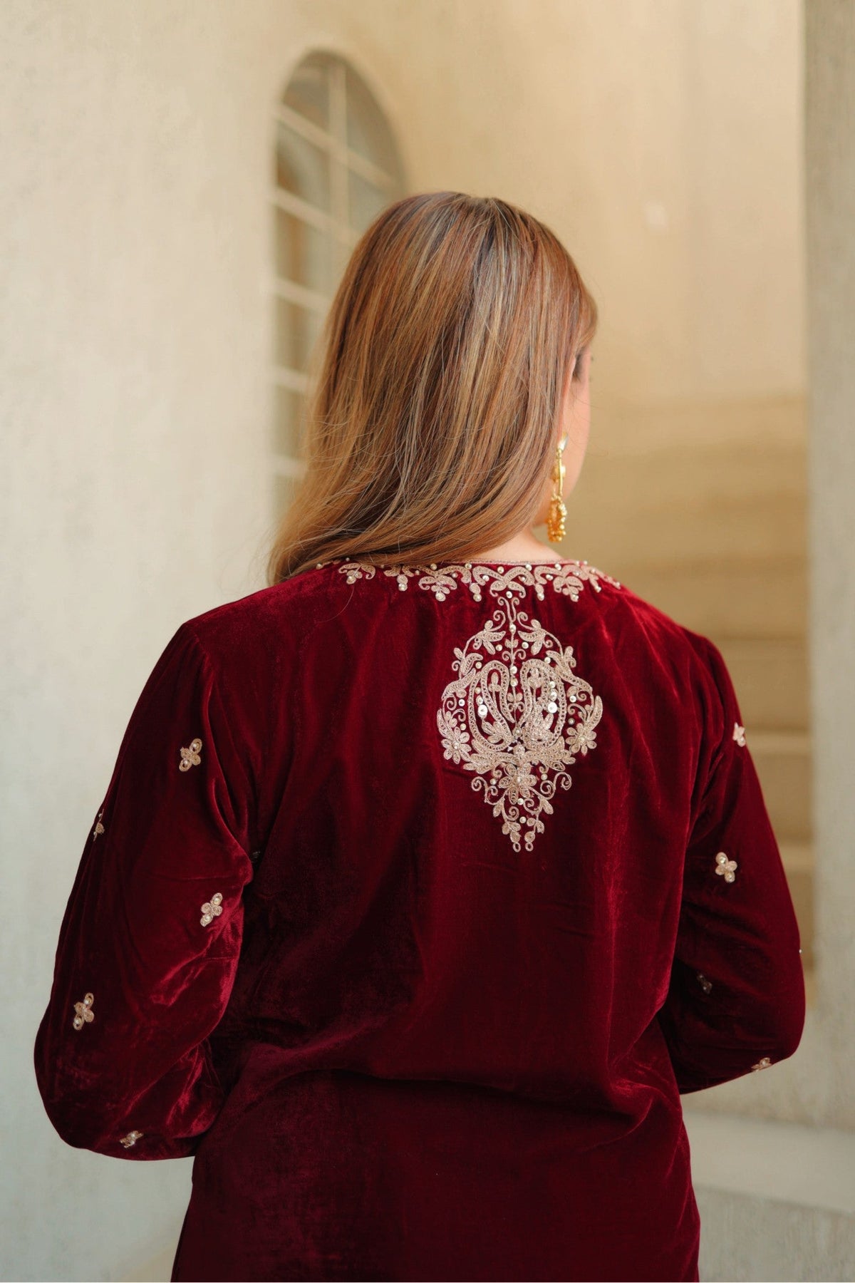 Naima - Maroon Silk Velvet Short Kurta with Salwar