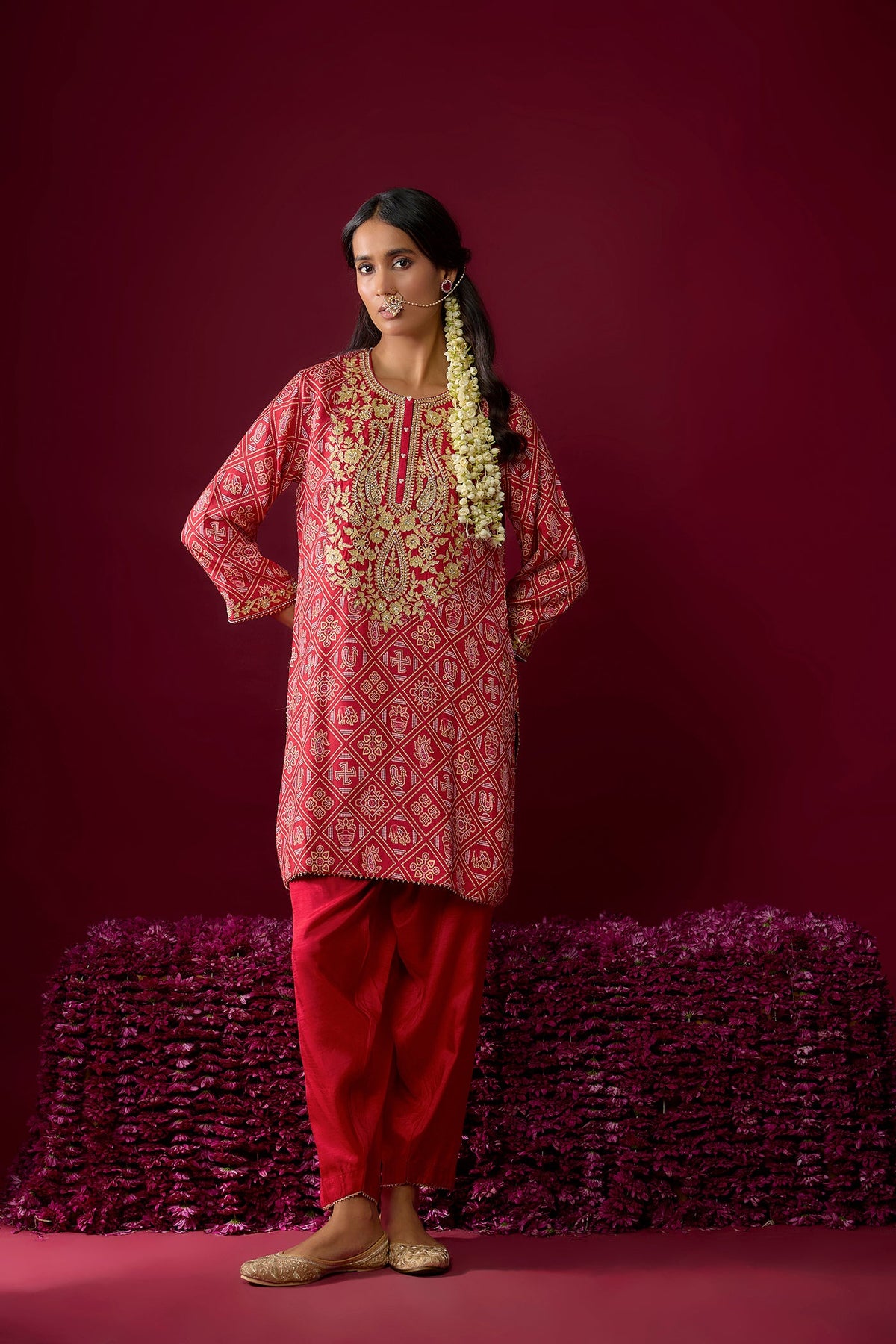 Nadia - Deep Red Short Kurta With Salwar