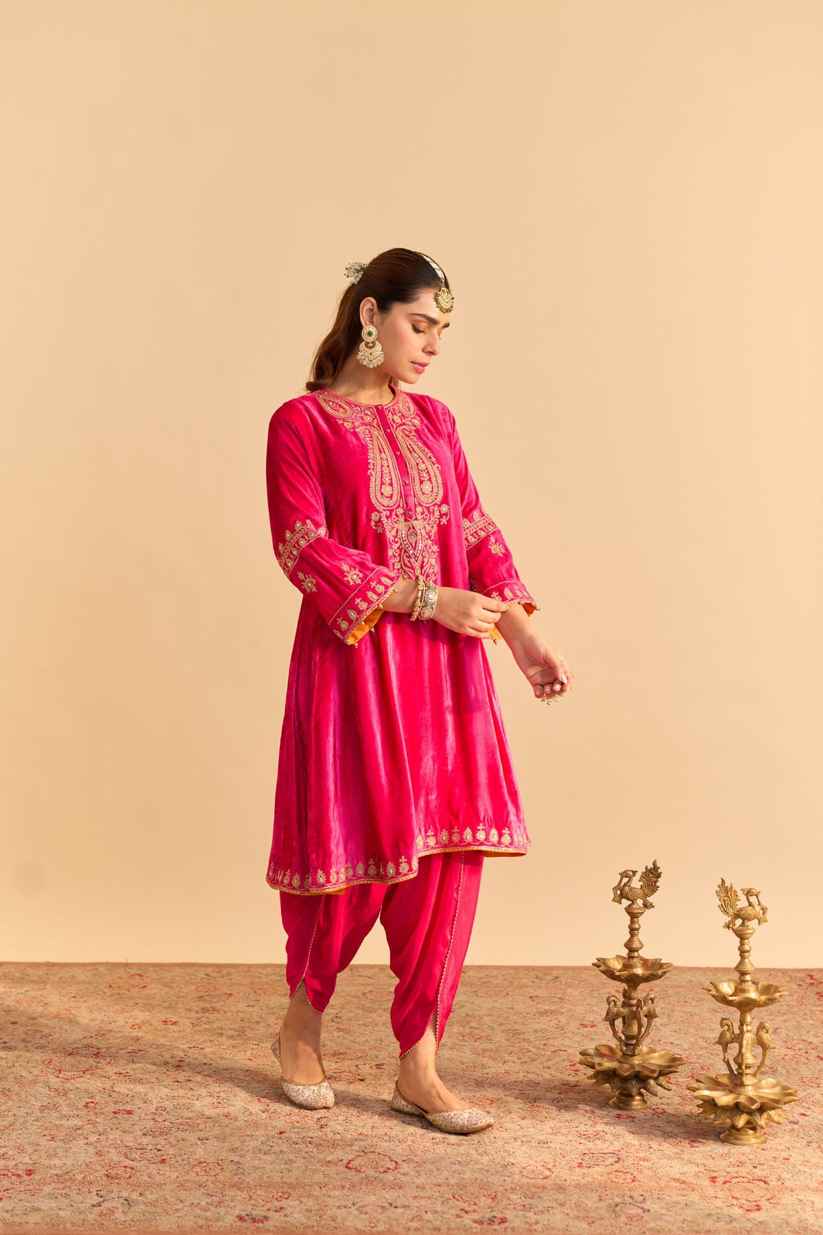 Amal - Silk Velvet Rani Hotpink A-line Kurta with Dhoti