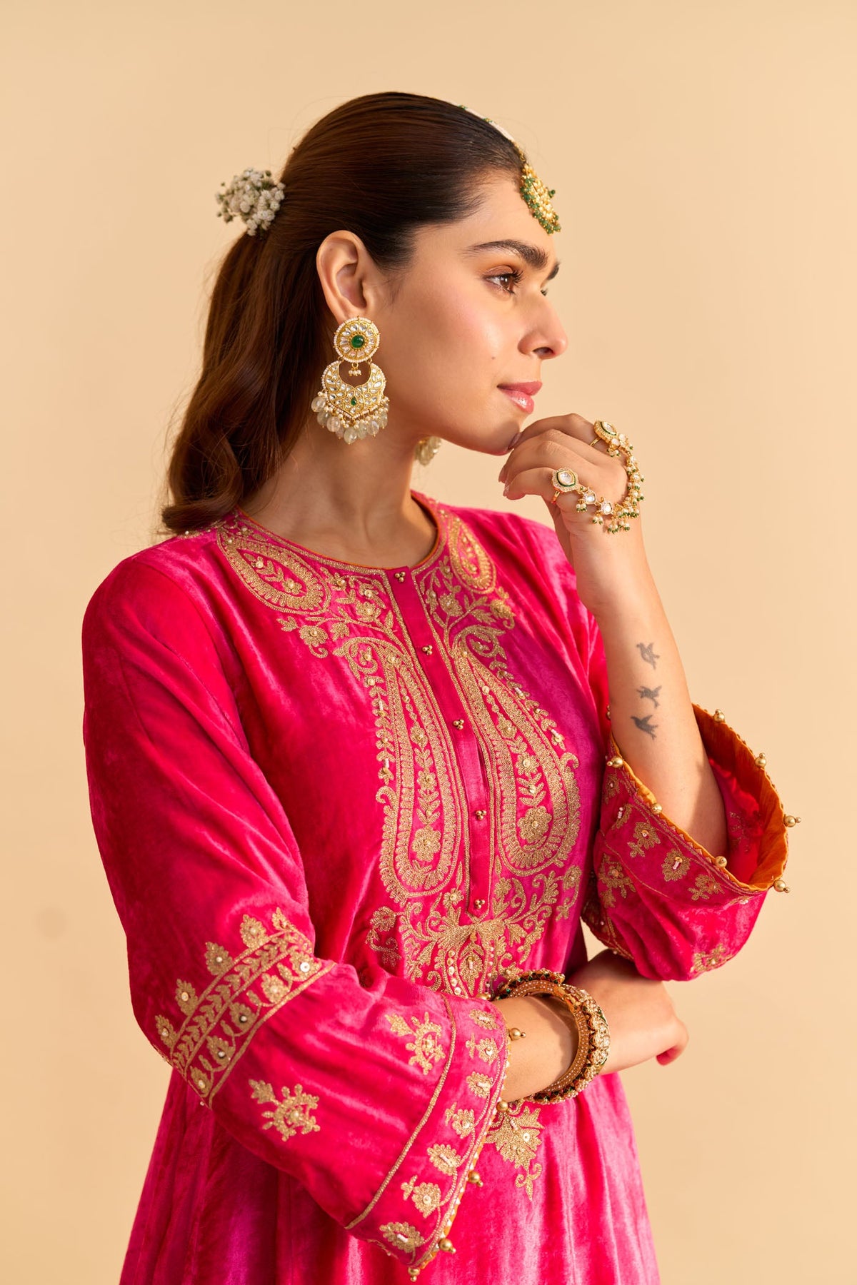 Amal - Silk Velvet Rani Hotpink A-line Kurta with Dhoti