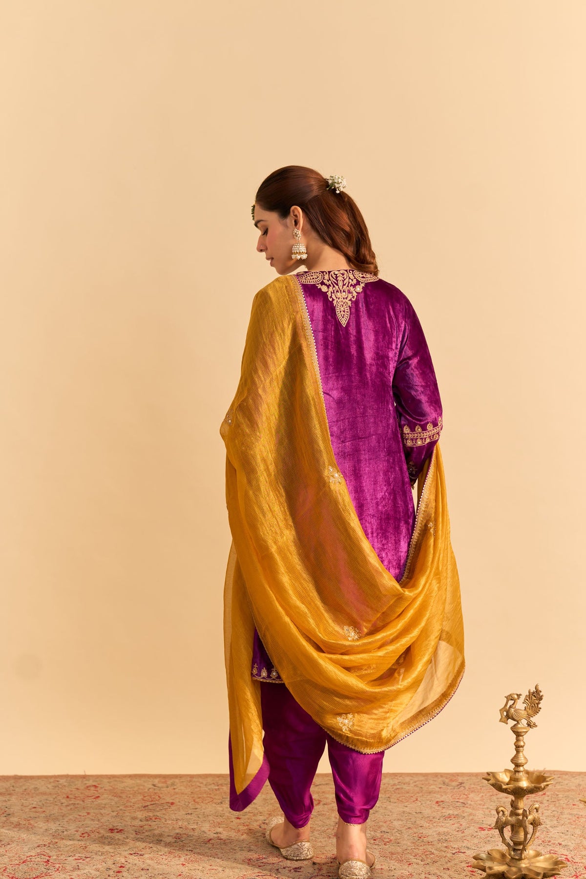 Amal - Silk Velvet Deep Purple A-line Kurta with Dhoti