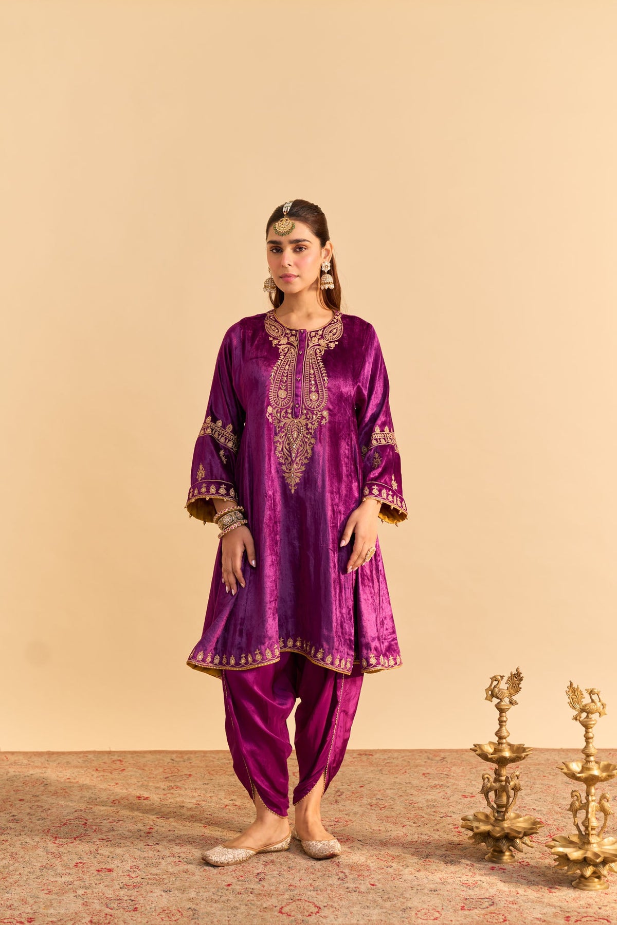 Amal - Silk Velvet Deep Purple A-line Kurta with Dhoti