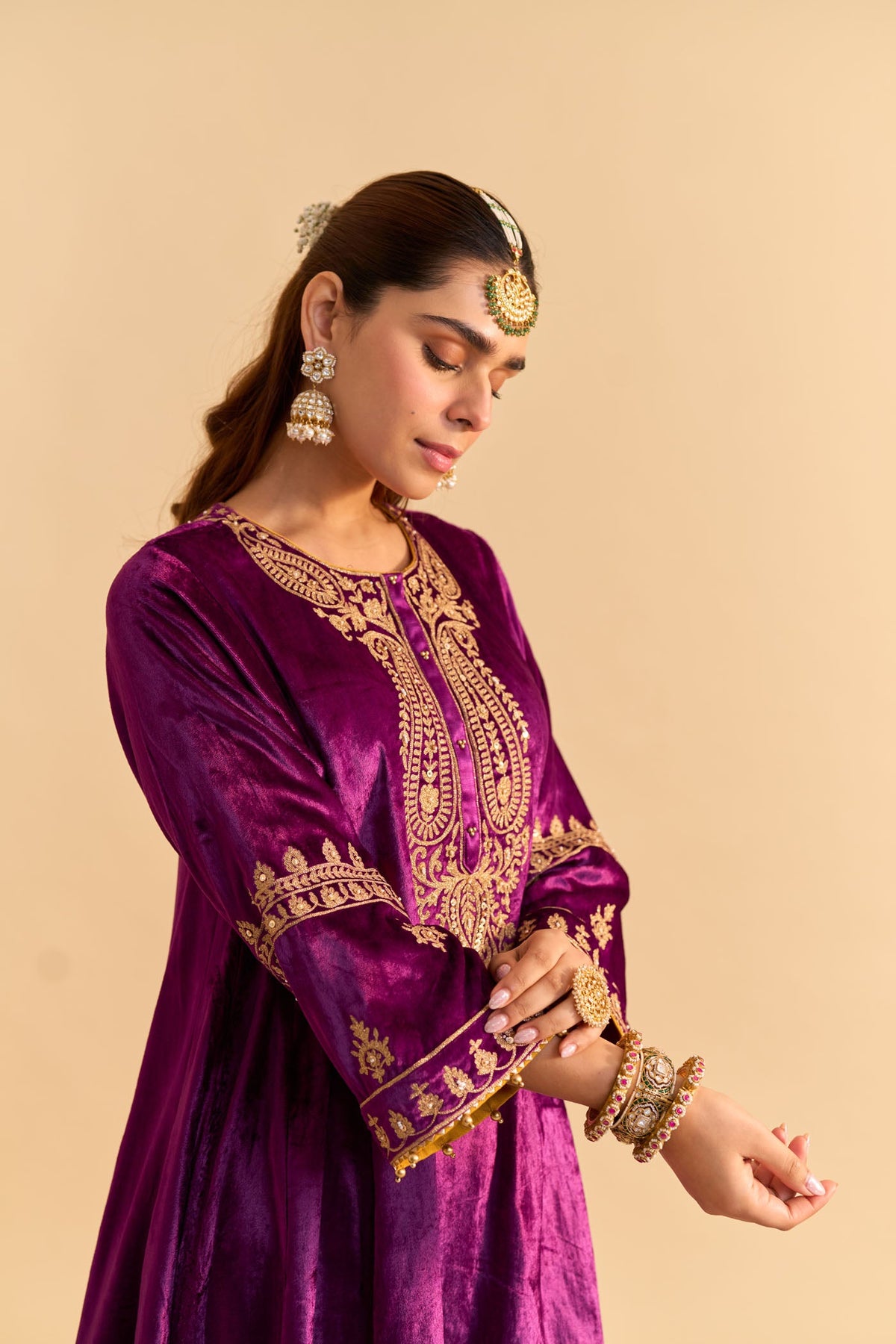Amal - Silk Velvet Deep Purple A-line Kurta with Dhoti
