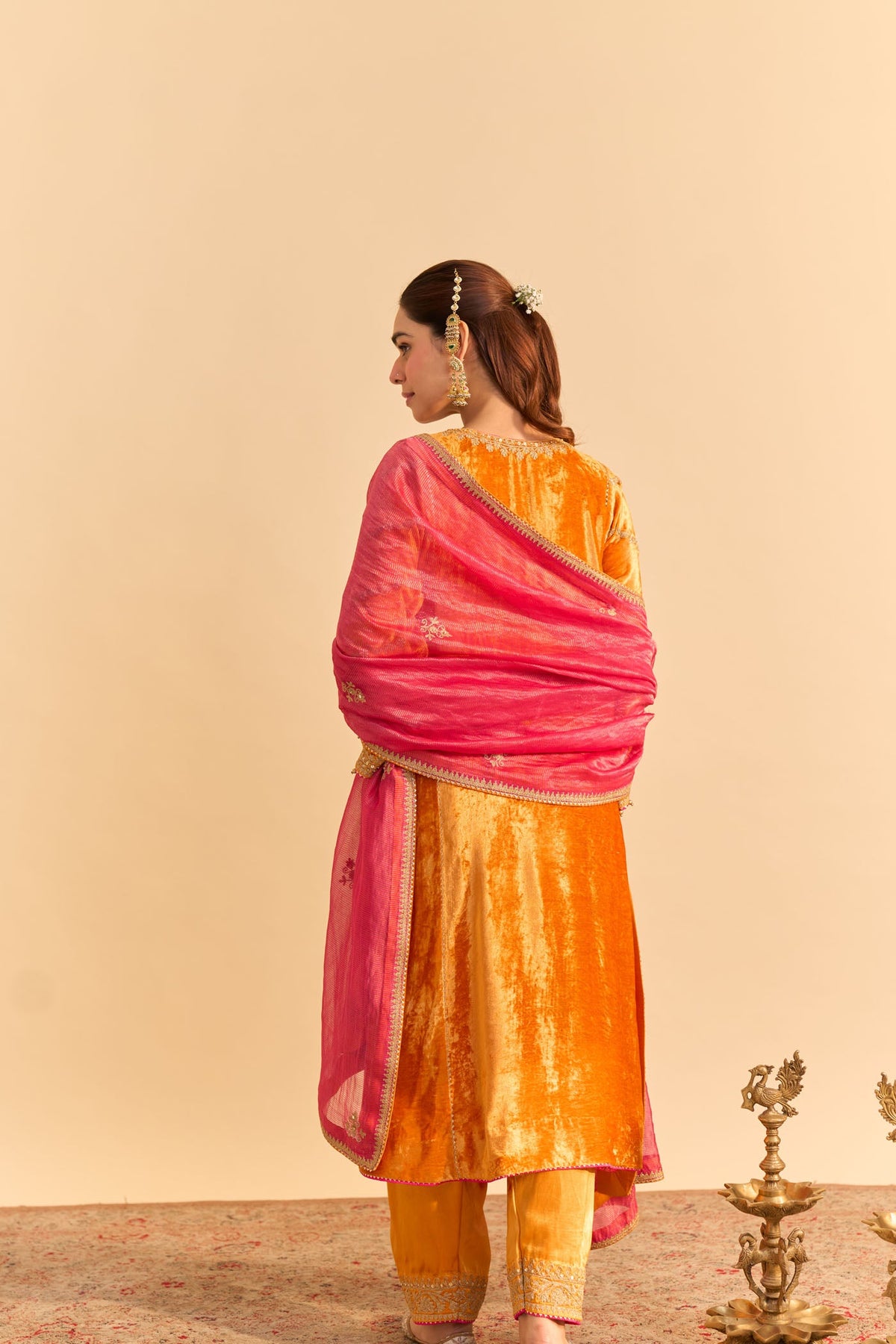 Azmiya - Silk Velvet Orange Chauga with Salwar