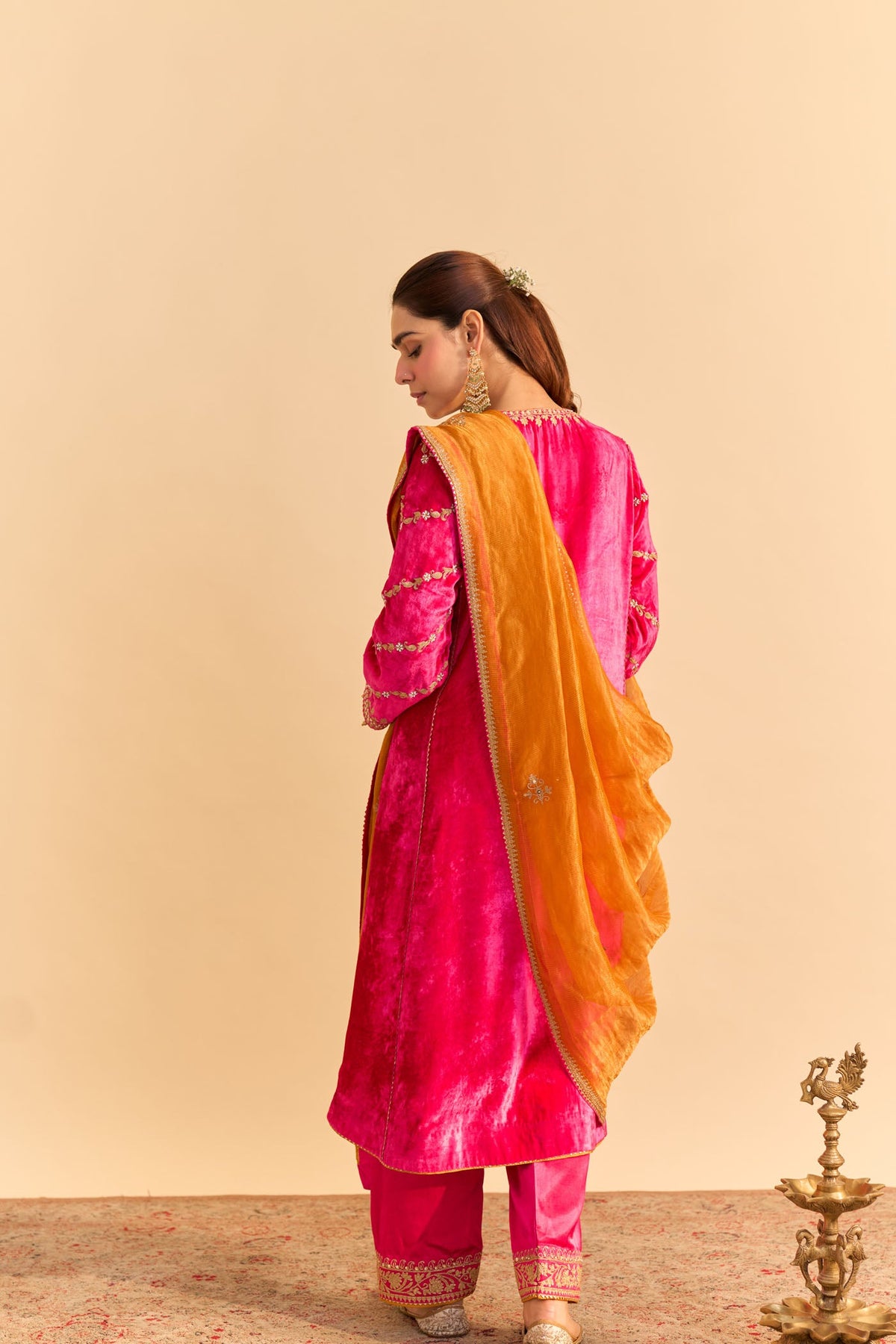Azmiya - Silk Velvet Rani Hotpink Chauga with Salwar