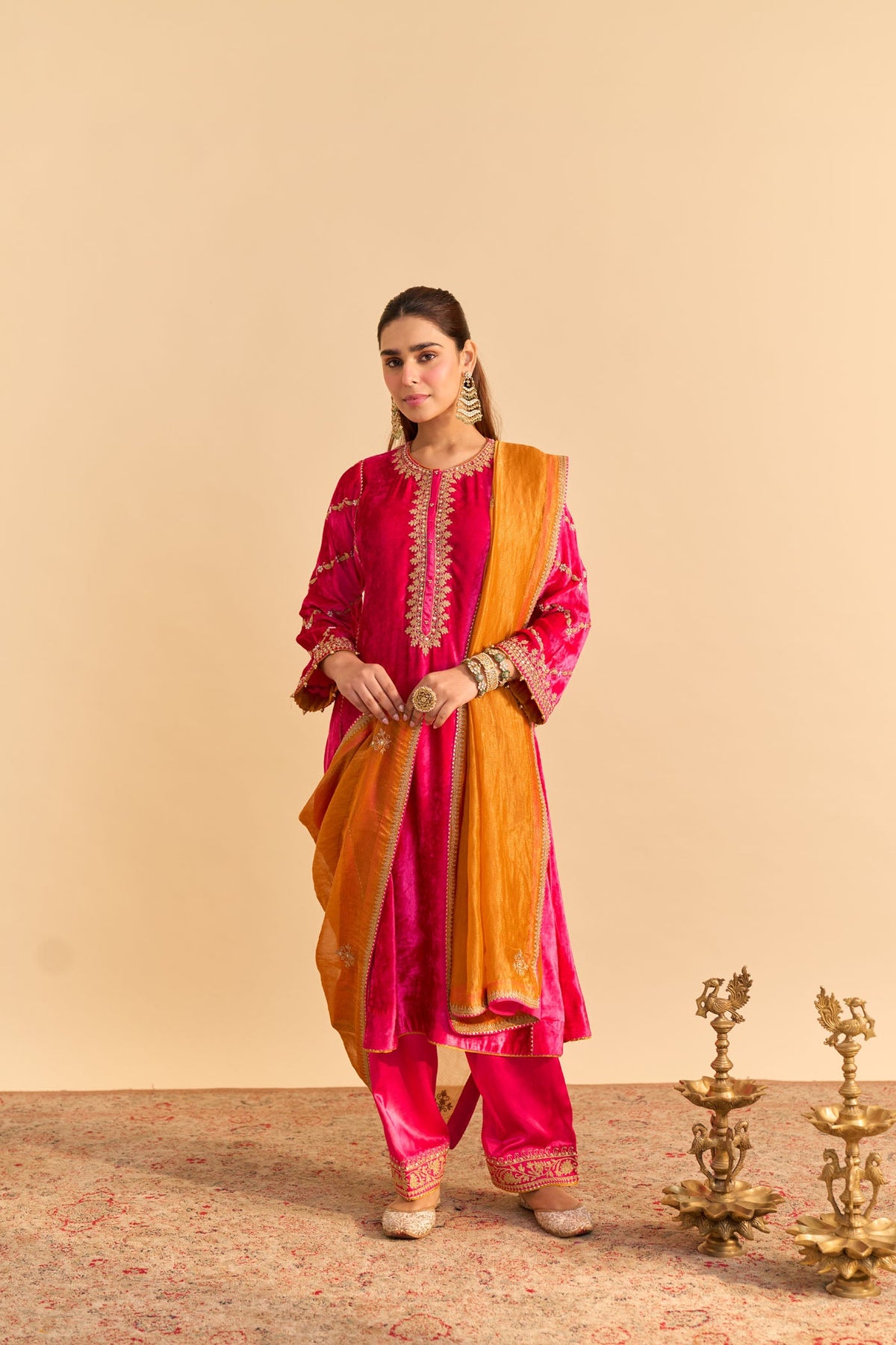 Azmiya - Silk Velvet Rani Hotpink Chauga with Salwar