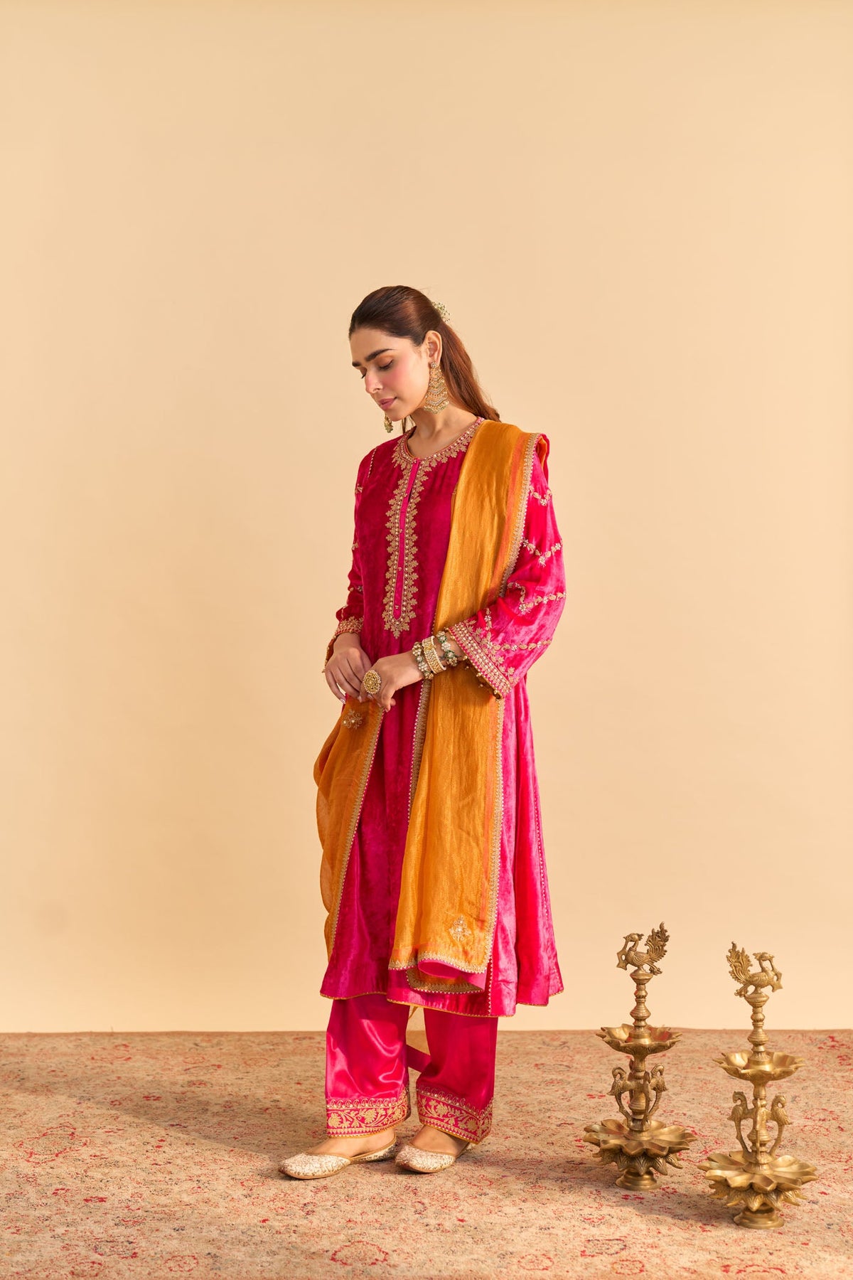 Azmiya - Silk Velvet Rani Hotpink Chauga with Salwar