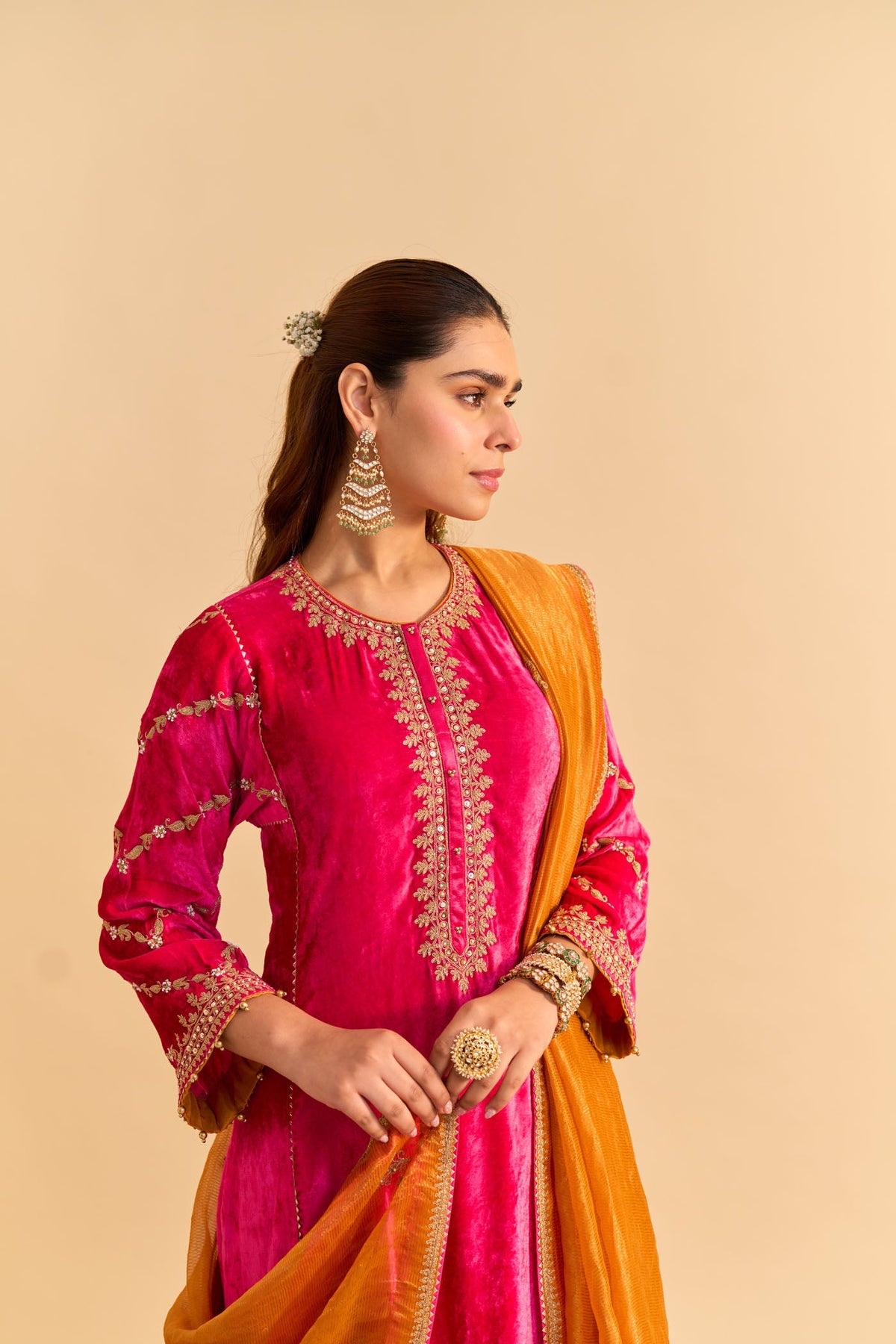 Azmiya - Silk Velvet Rani Hotpink Chauga with Salwar