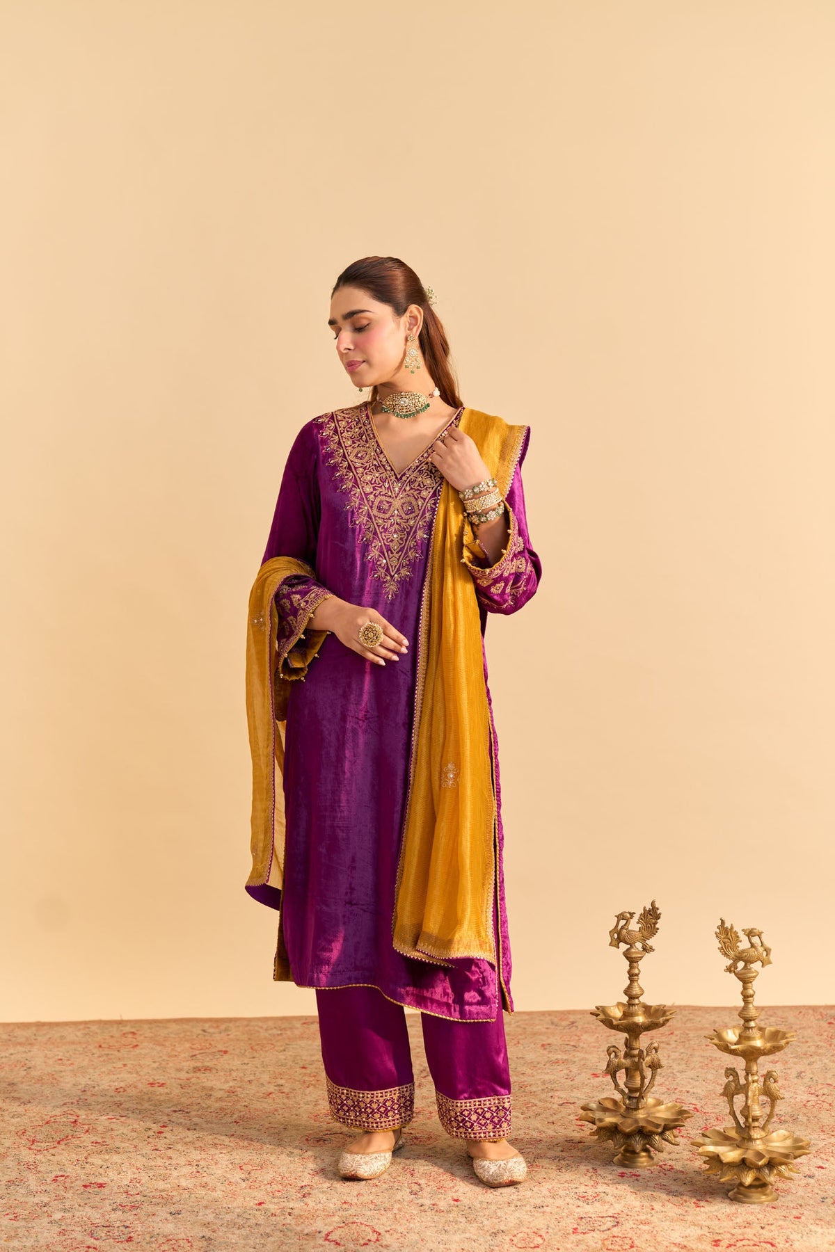 Aynaz - Silk Velvet Deep Purple Kurta with Salwar