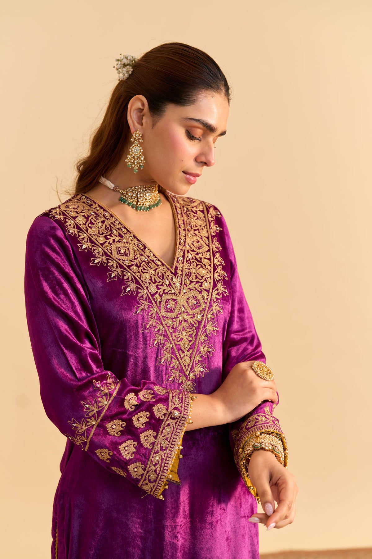 Aynaz - Silk Velvet Deep Purple Kurta with Salwar