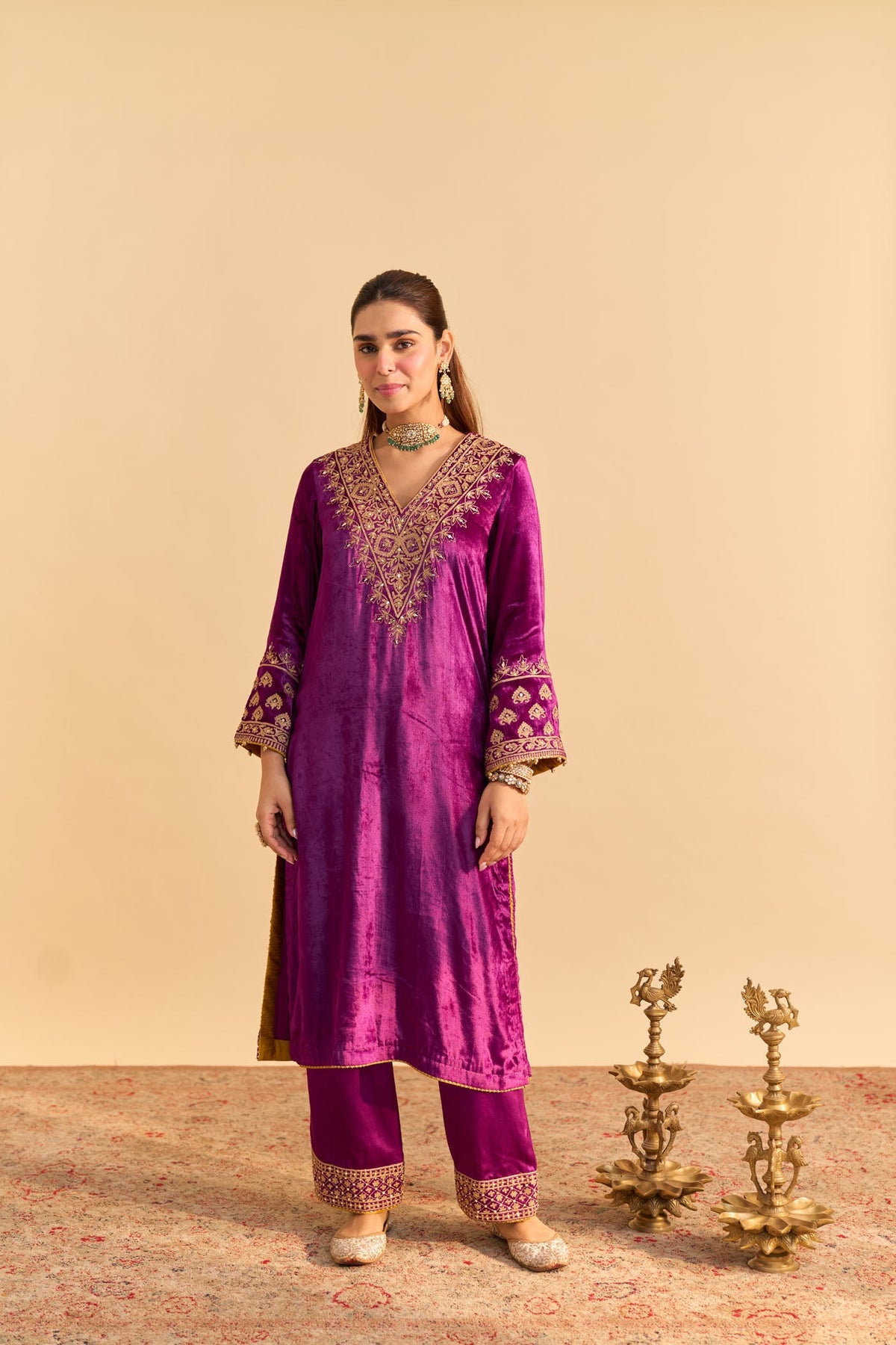 Aynaz - Silk Velvet Deep Purple Kurta with Salwar