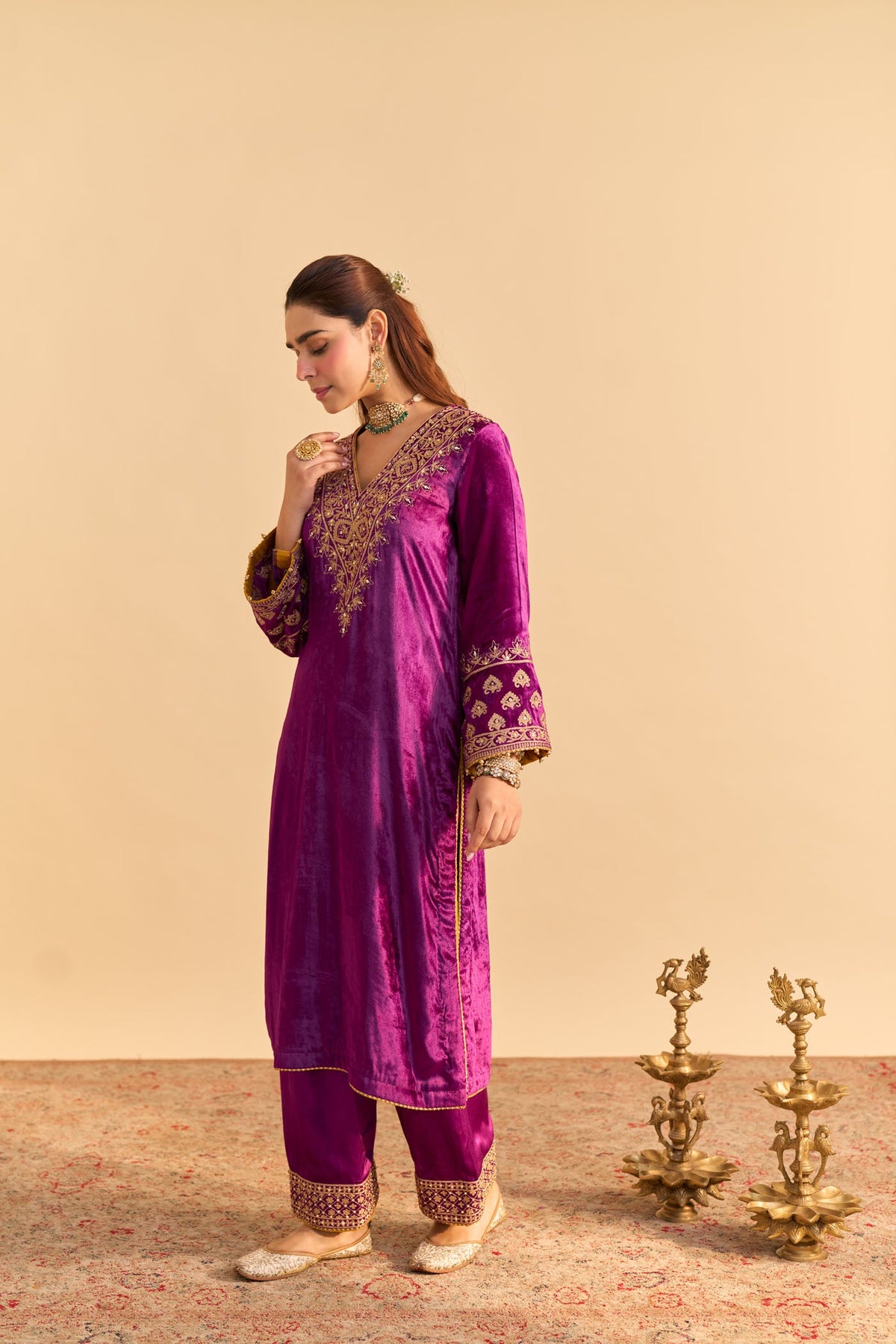 Aynaz - Silk Velvet Deep Purple Kurta with Salwar