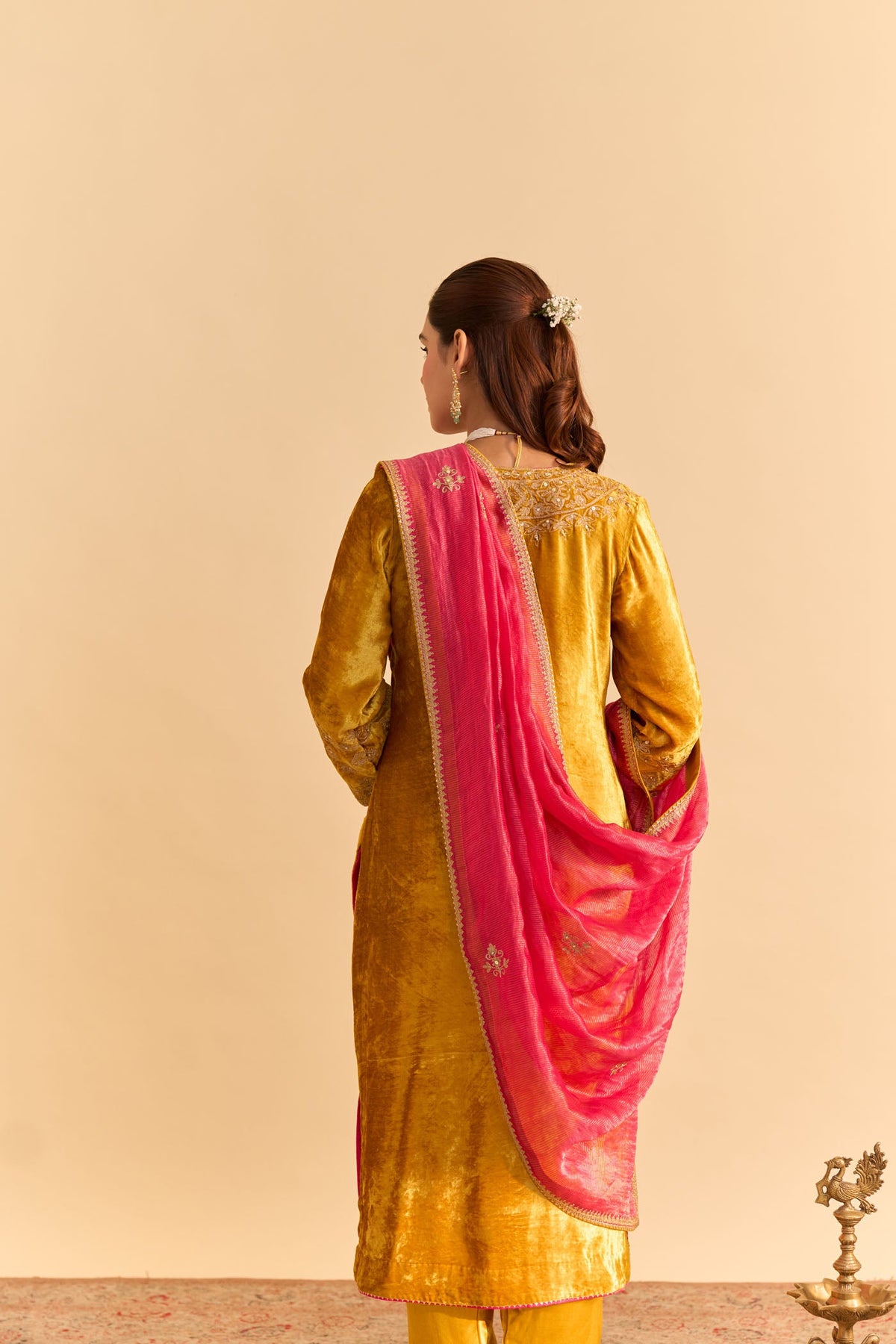 Aynaz - Silk Velvet Heirloom Mustard Kurta with Salwar