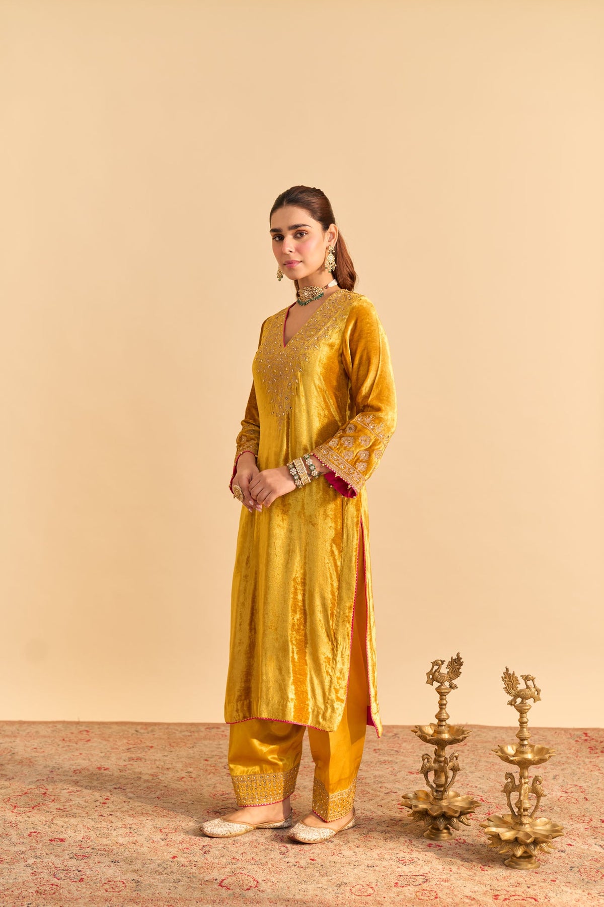 Aynaz - Silk Velvet Heirloom Mustard Kurta with Salwar