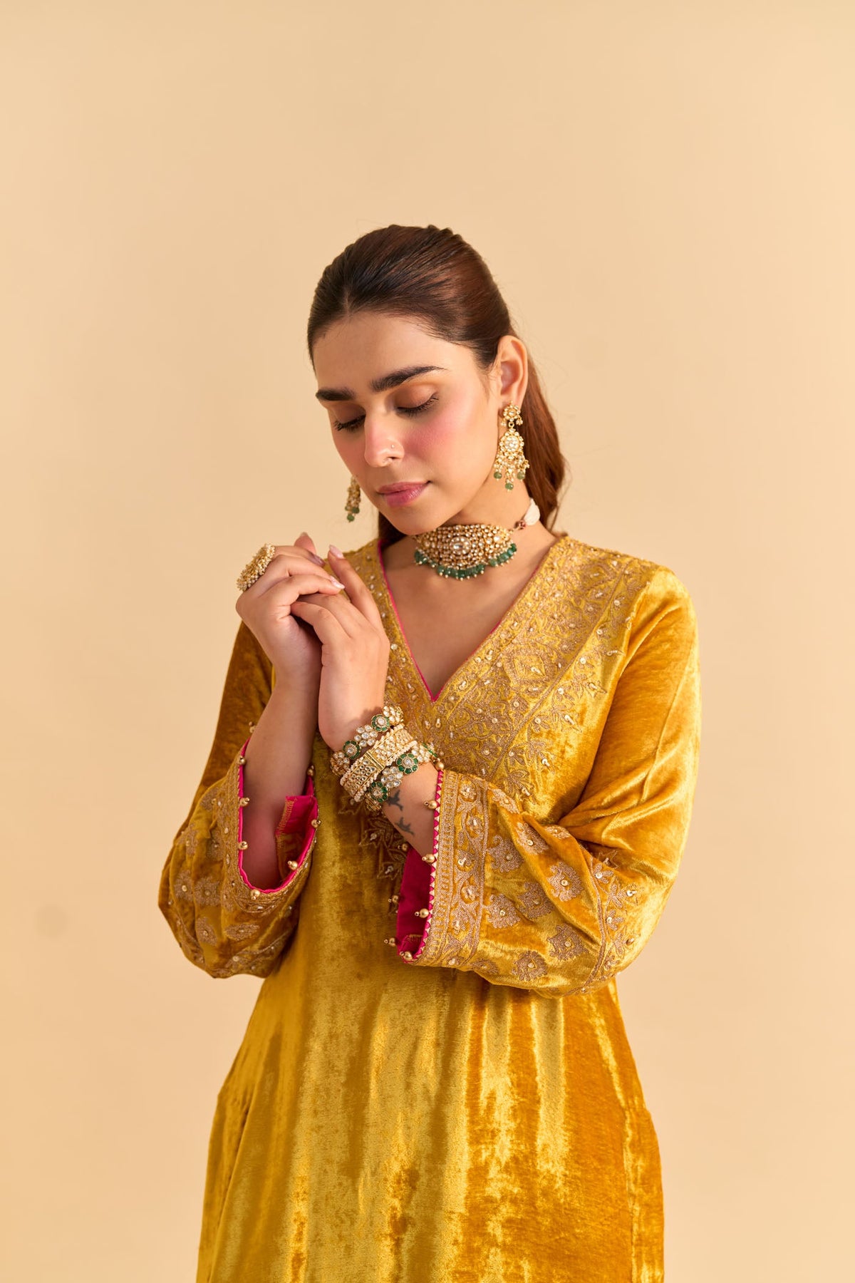 Aynaz - Silk Velvet Heirloom Mustard Kurta with Salwar