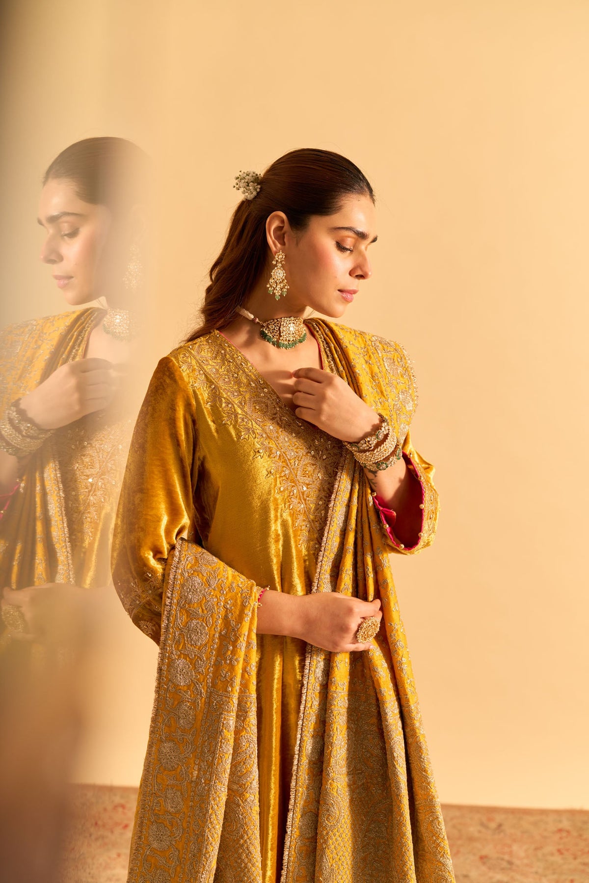 Aynaz - Silk Velvet Heirloom Mustard Kurta with Salwar