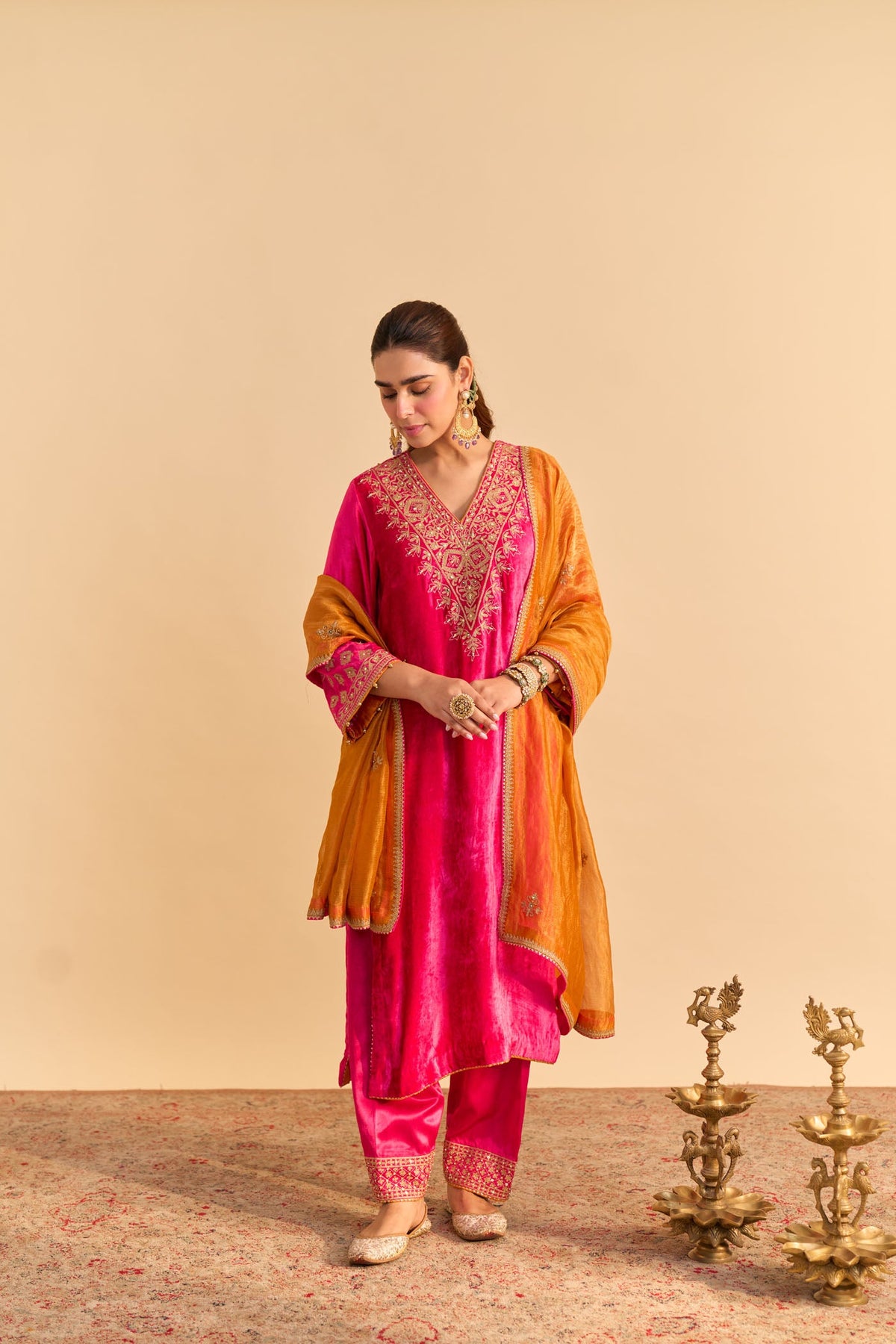 Aynaz - Silk Velvet Rani Hotpink Kurta with Salwar