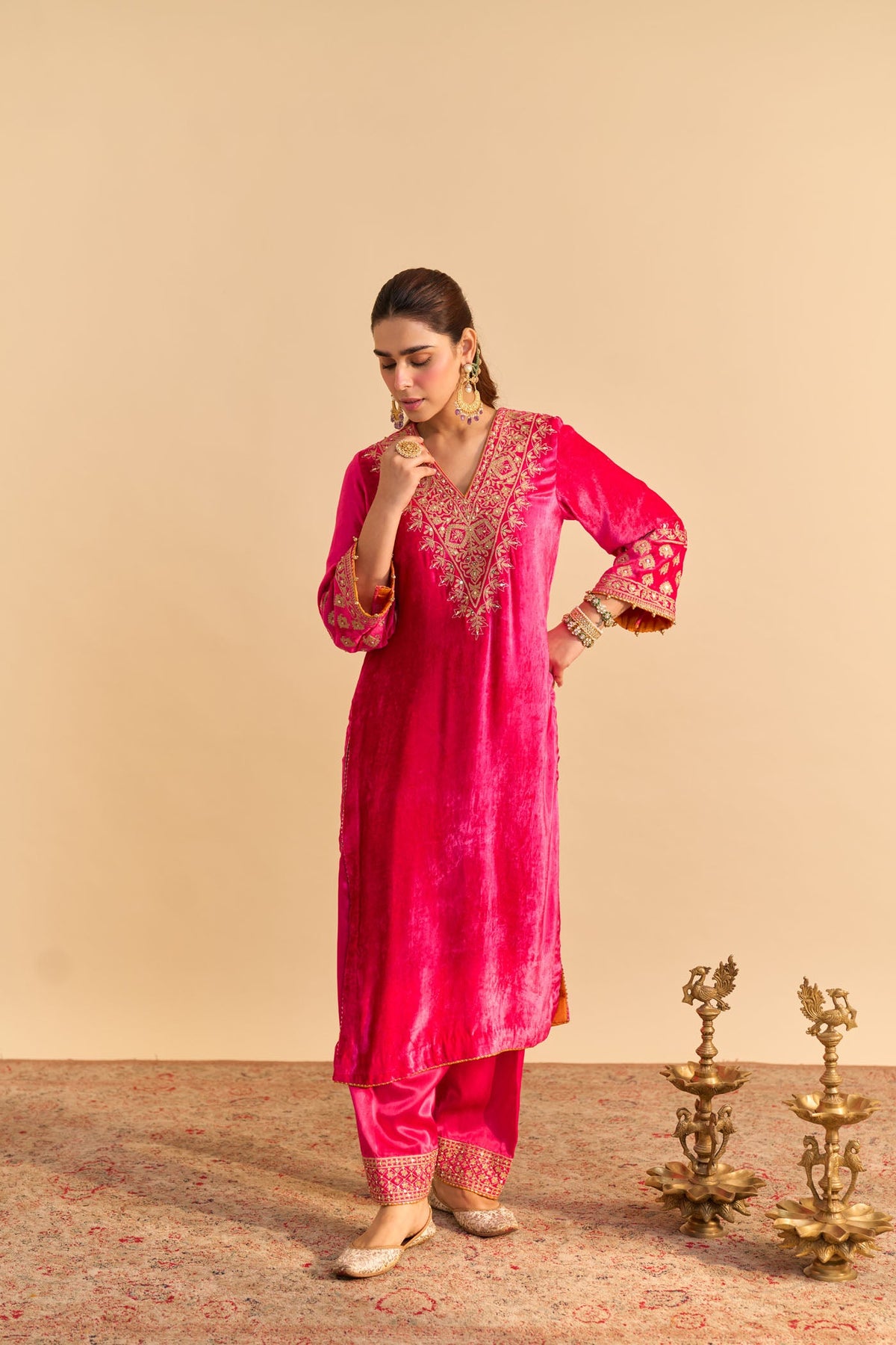 Aynaz - Silk Velvet Rani Hotpink Kurta with Salwar