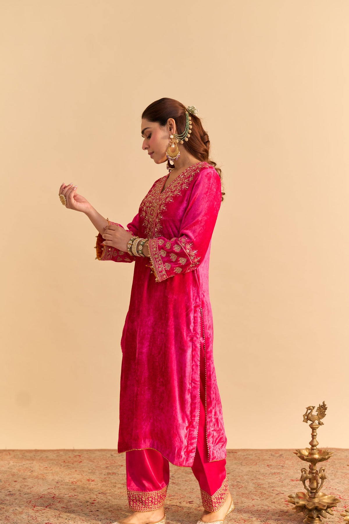 Aynaz - Silk Velvet Rani Hotpink Kurta with Salwar