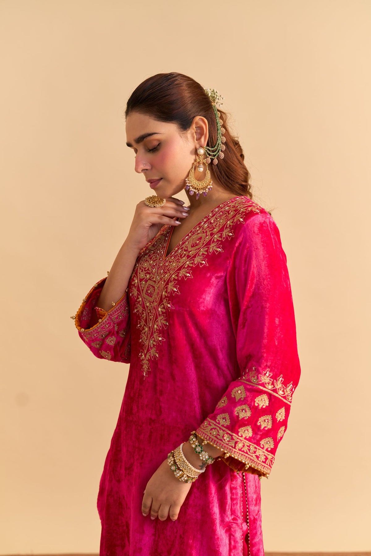 Aynaz - Silk Velvet Rani Hotpink Kurta with Salwar
