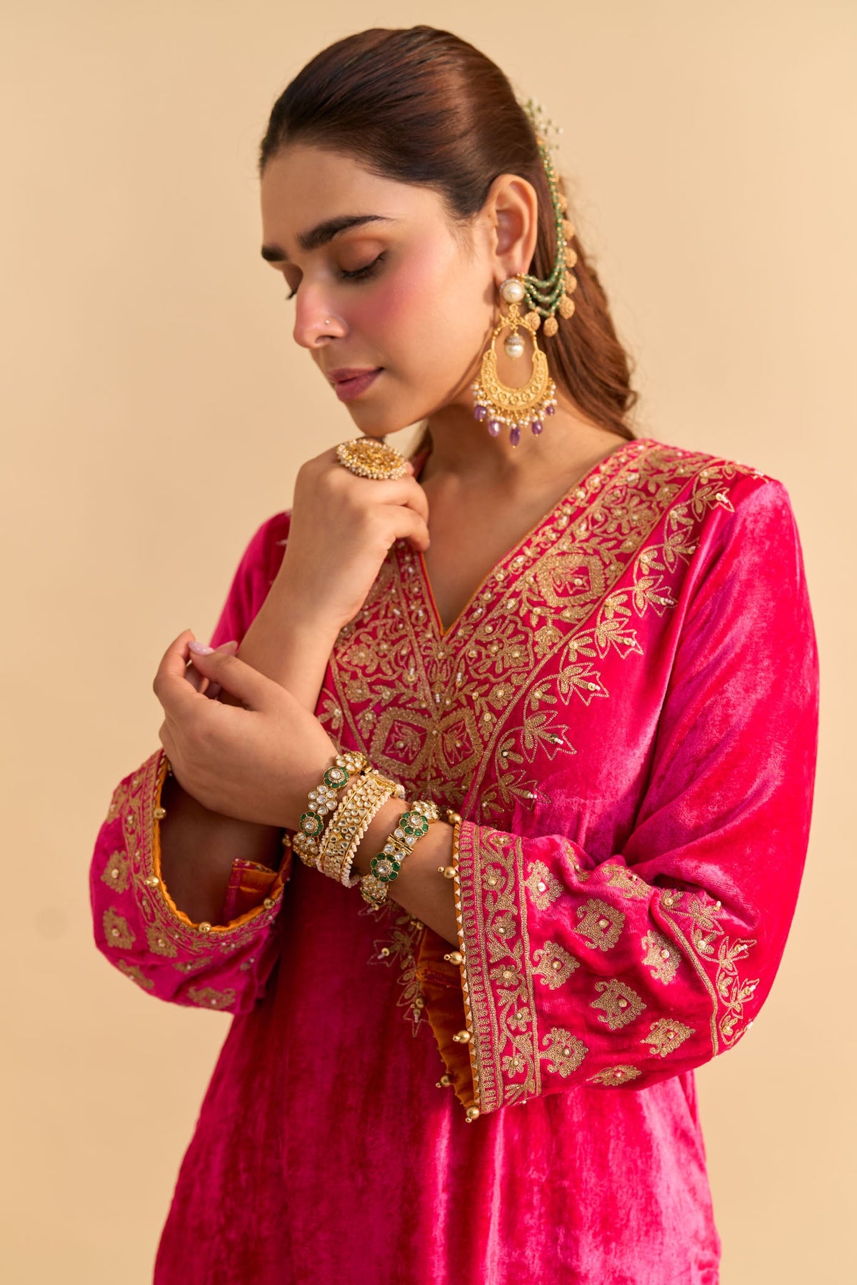 Aynaz - Silk Velvet Rani Hotpink Kurta with Salwar