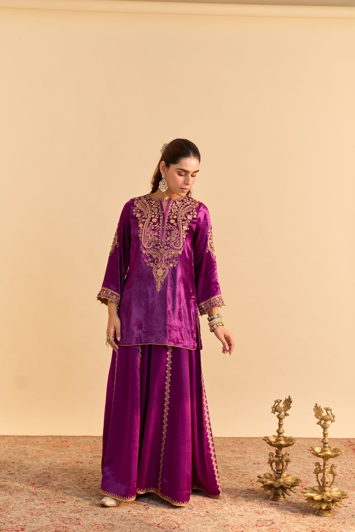Aroob - Silk Velvet Deep Purple Kurta with Sharara and Dupatta