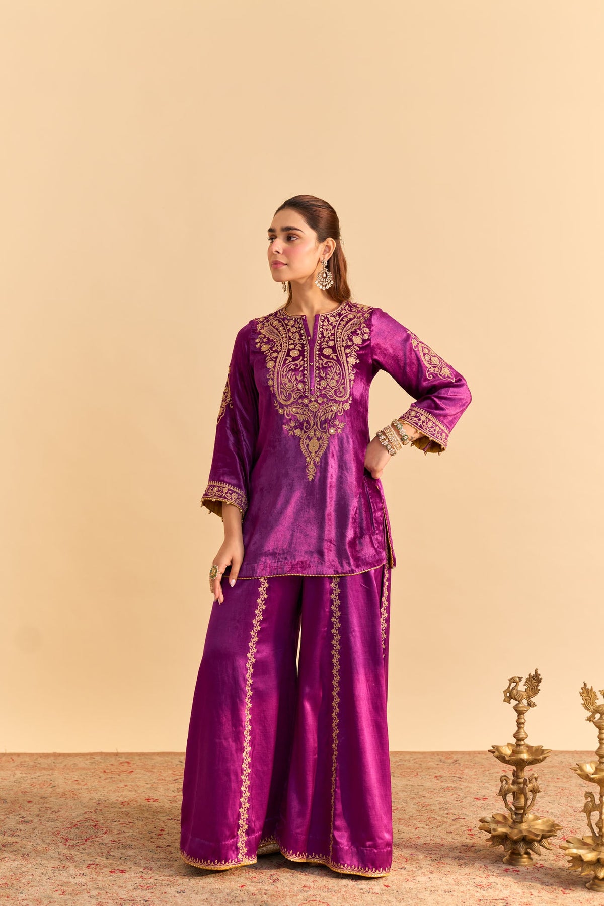 Aroob - Silk Velvet Deep Purple Kurta with Sharara and Dupatta