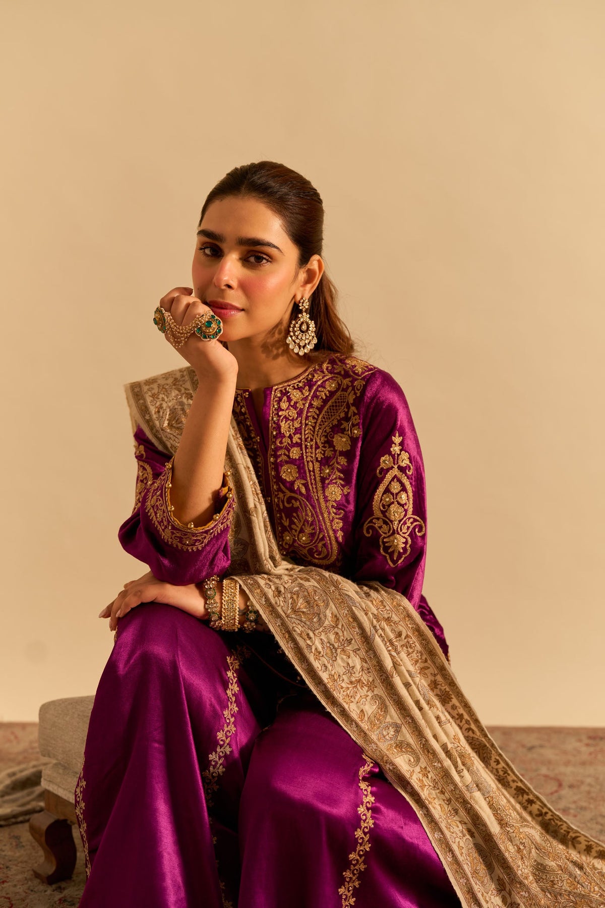Aroob - Silk Velvet Deep Purple Kurta with Sharara and Dupatta