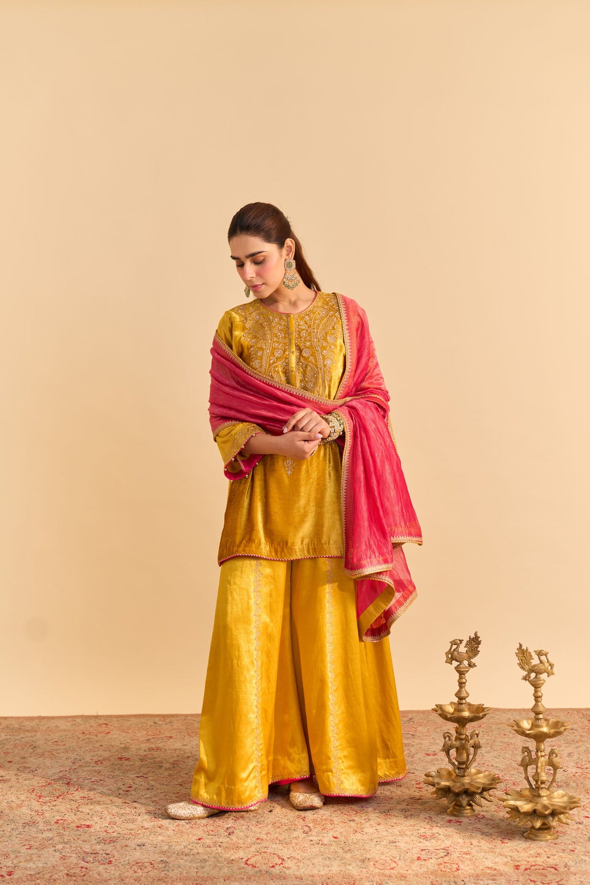 Aroob - Silk Velvet Heirloom Mustard Kurta with Sharara and Dupatta