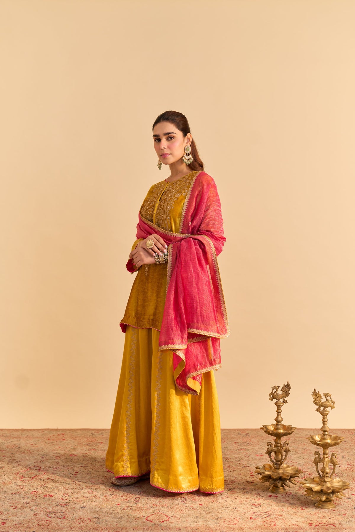 Aroob - Silk Velvet Heirloom Mustard Kurta with Sharara and Dupatta