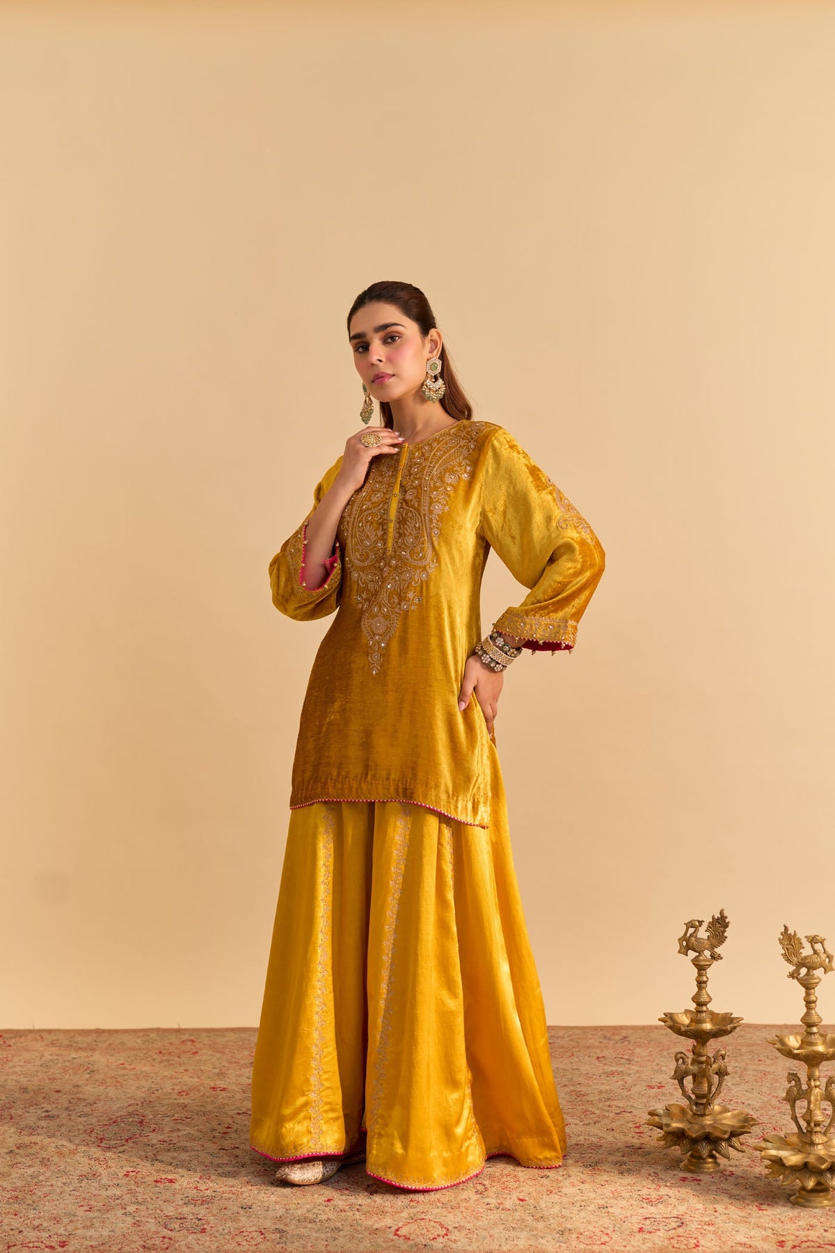 Aroob - Silk Velvet Heirloom Mustard Kurta with Sharara and Dupatta
