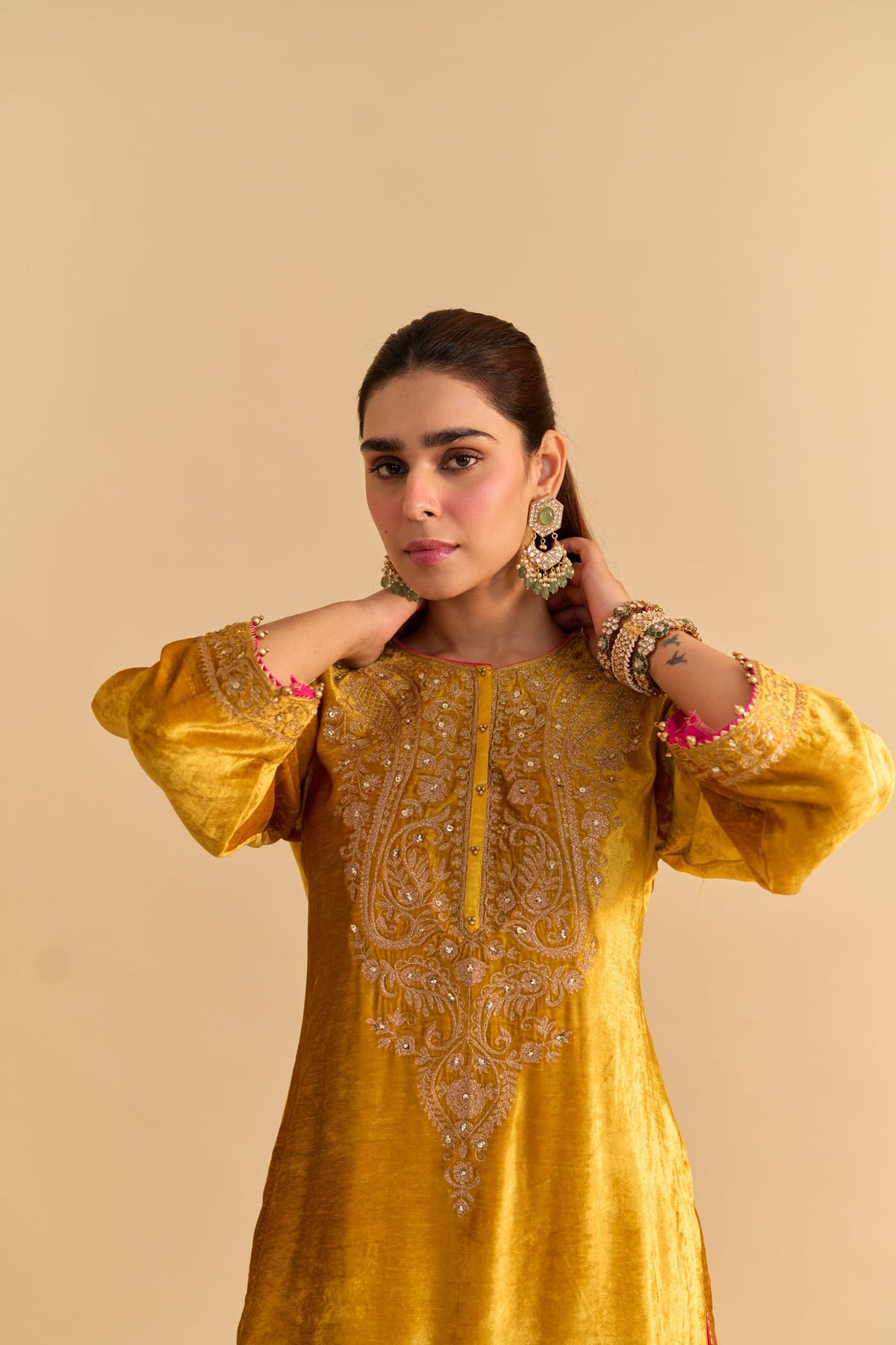 Arpita Gupta In Aroob - Silk Velvet Heirloom Mustard Kurta with Sharara and Dupatta