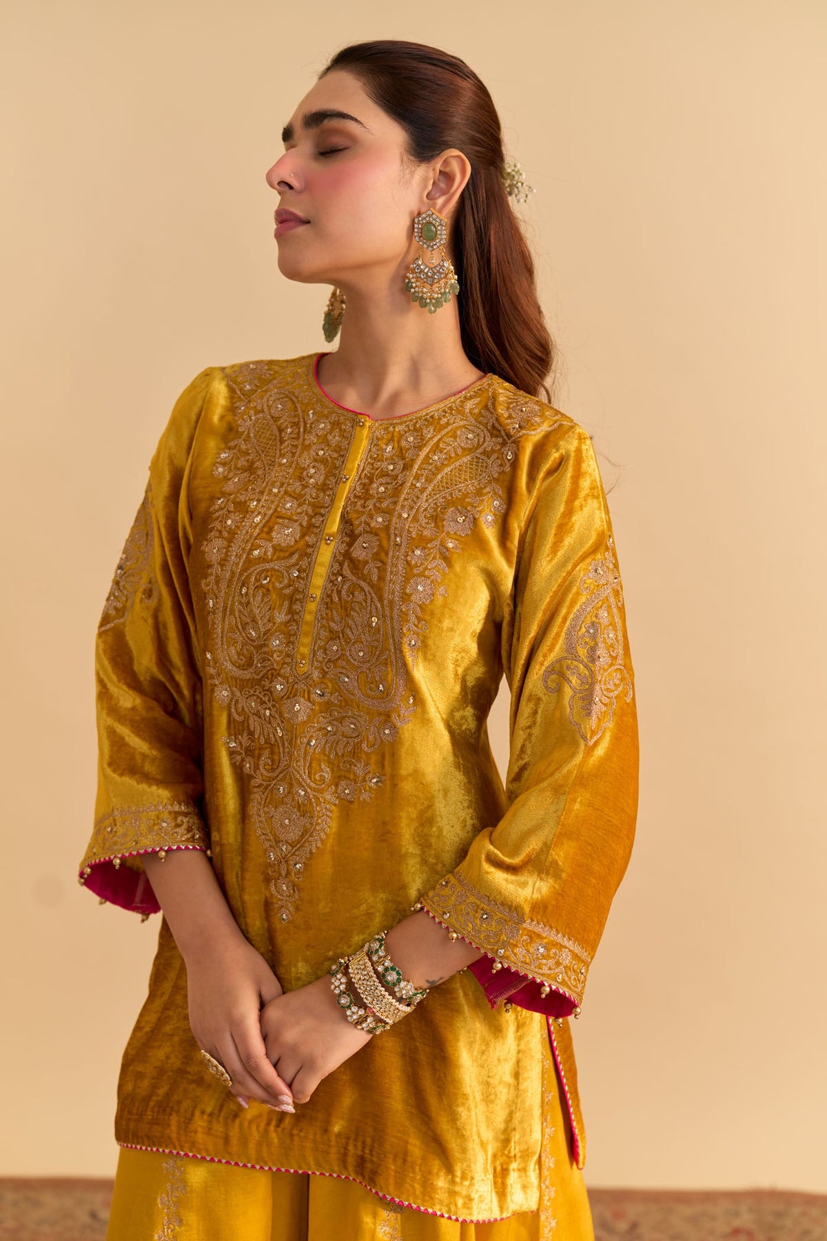Aroob - Silk Velvet Heirloom Mustard Kurta with Sharara and Dupatta