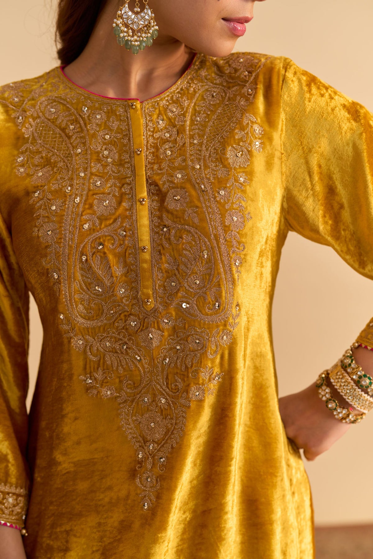 Aroob - Silk Velvet Heirloom Mustard Kurta with Sharara and Dupatta