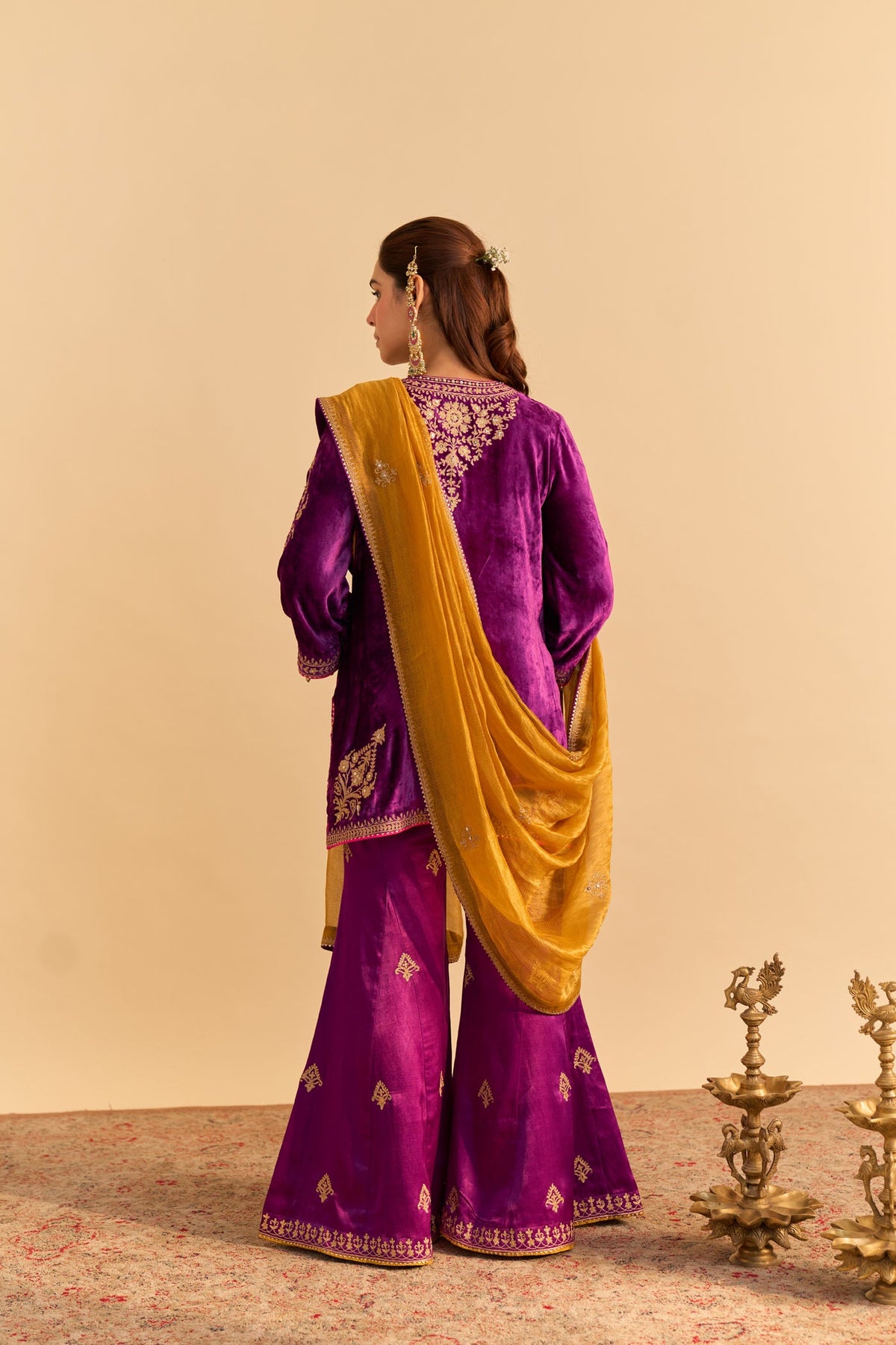Nooren - Silk Velvet Deep Purple Kurta with Flared Palazzo and Dupatta