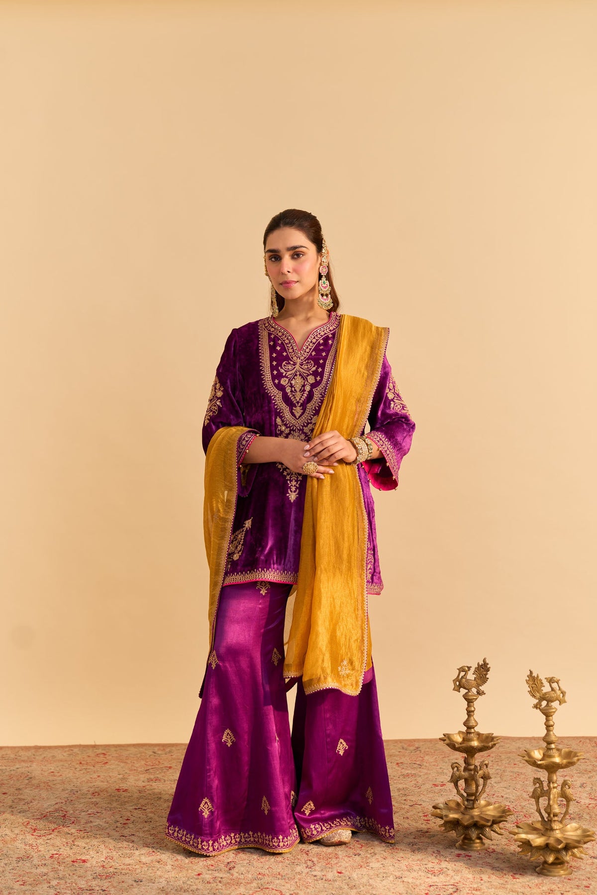 Nooren - Silk Velvet Deep Purple Kurta with Flared Palazzo and Dupatta