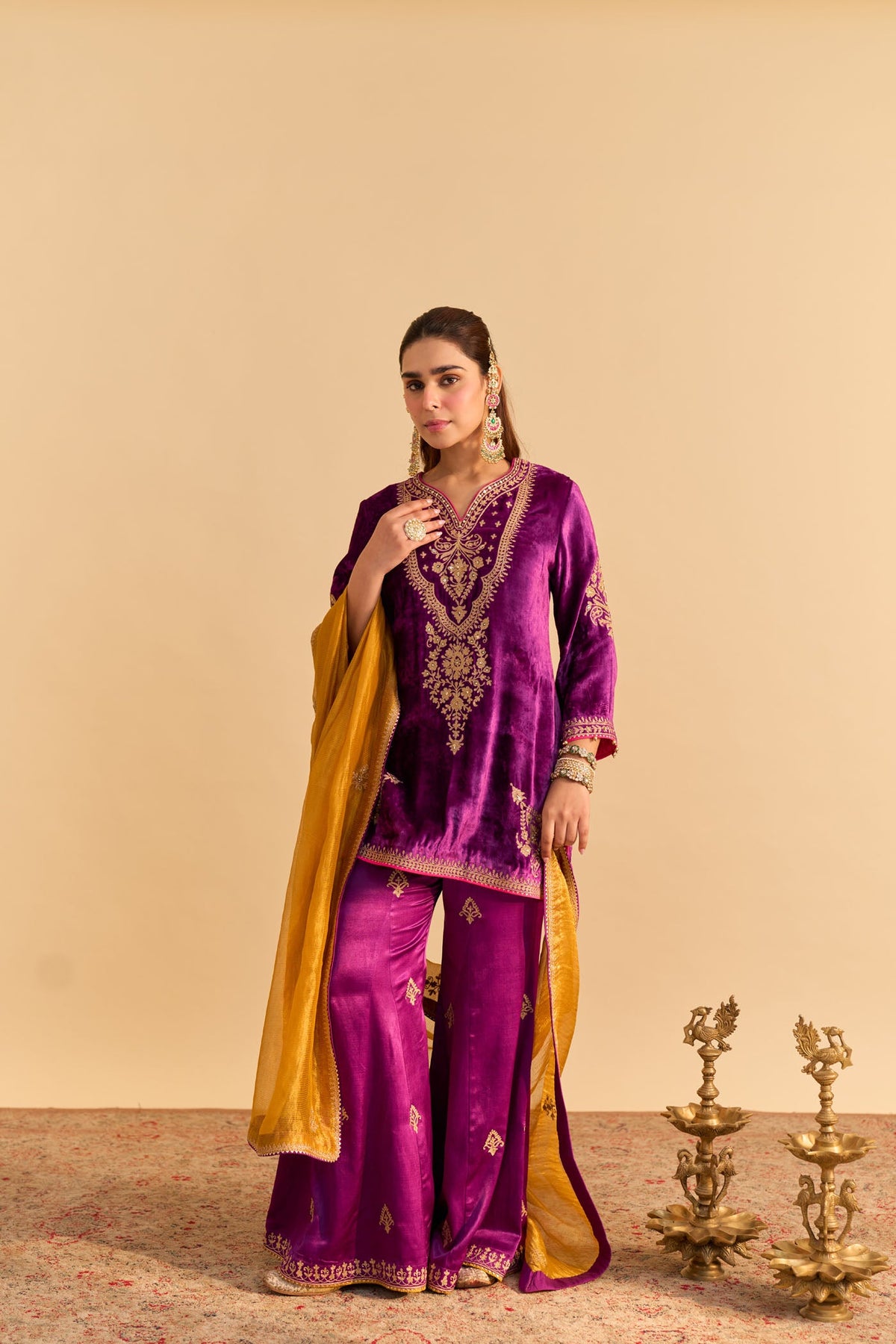 Nooren - Silk Velvet Deep Purple Kurta with Flared Palazzo and Dupatta