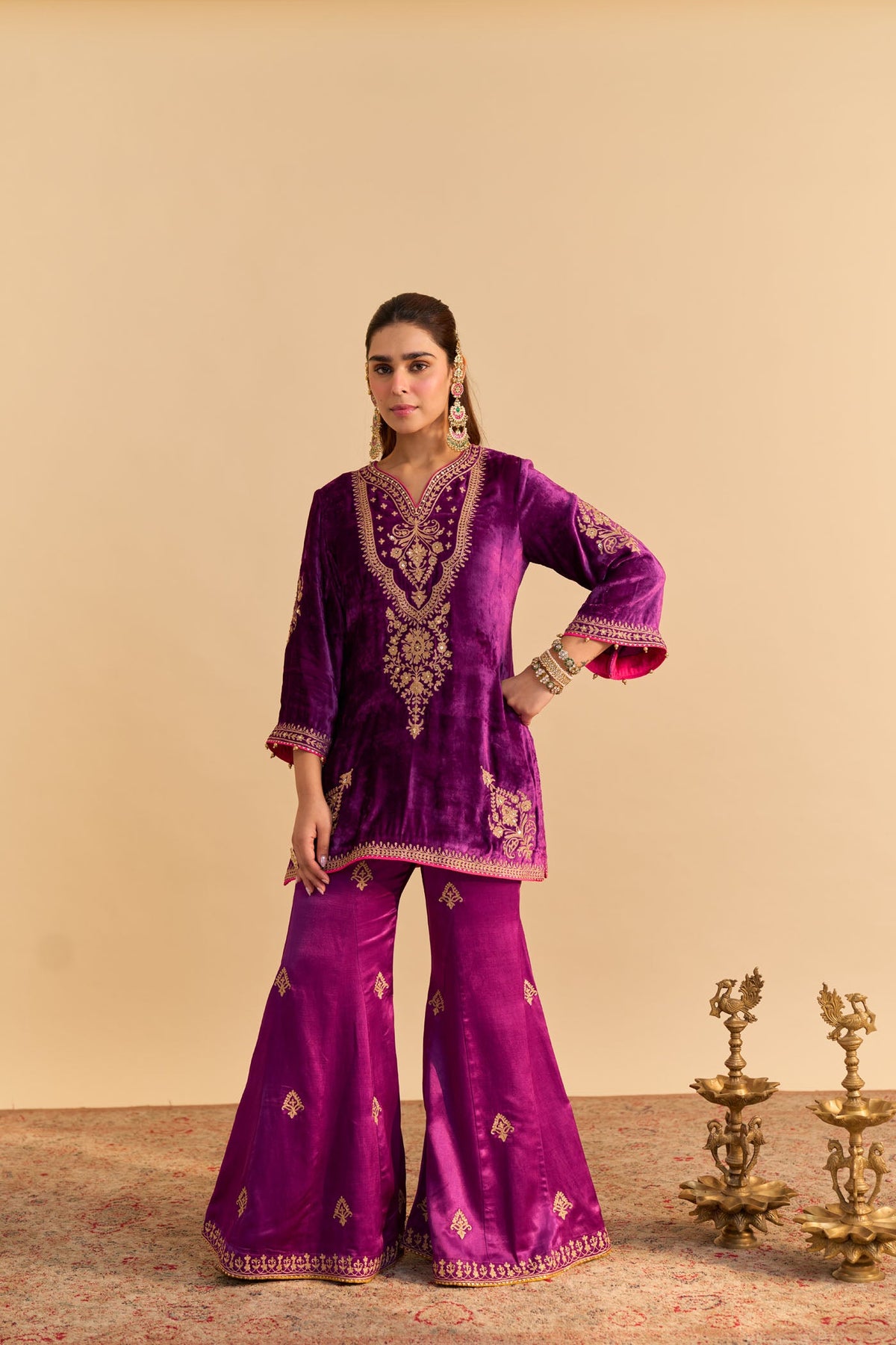 Nooren - Silk Velvet Deep Purple Kurta with Flared Palazzo and Dupatta