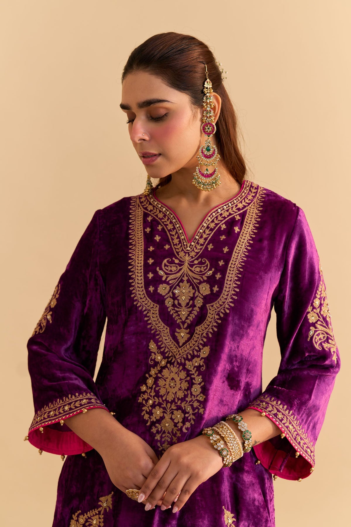 Nooren - Silk Velvet Deep Purple Kurta with Flared Palazzo and Dupatta